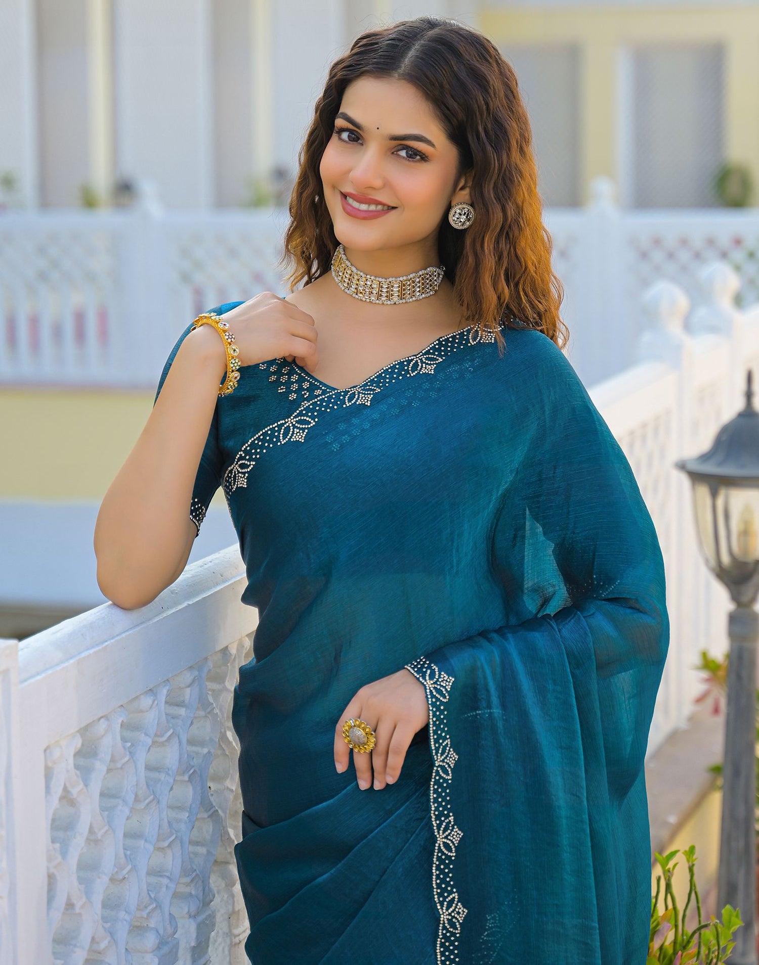 Peacock Blue Satin Stone Work Embellished Saree