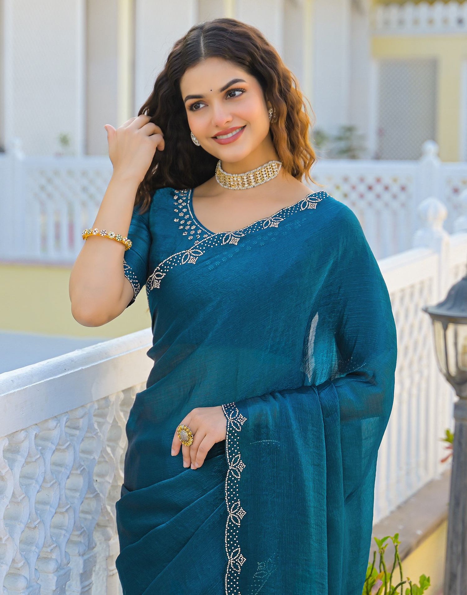 Peacock Blue Satin Stone Work Embellished Saree