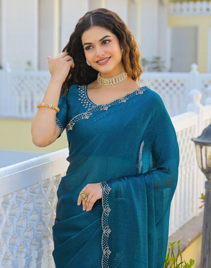 Peacock Blue Satin Stone Work Embellished Saree