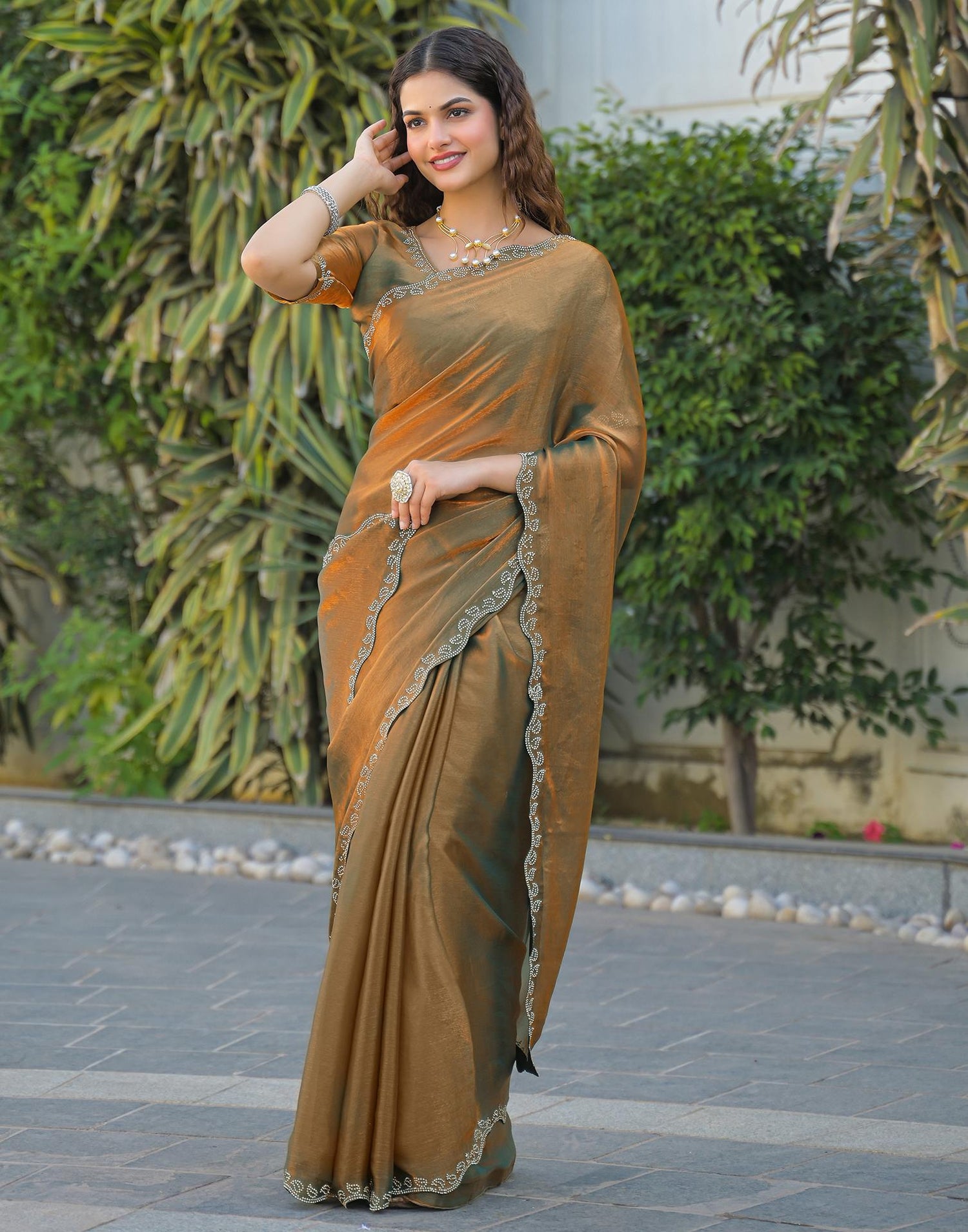 Khaki Shimmer Stone Work Embellished Saree