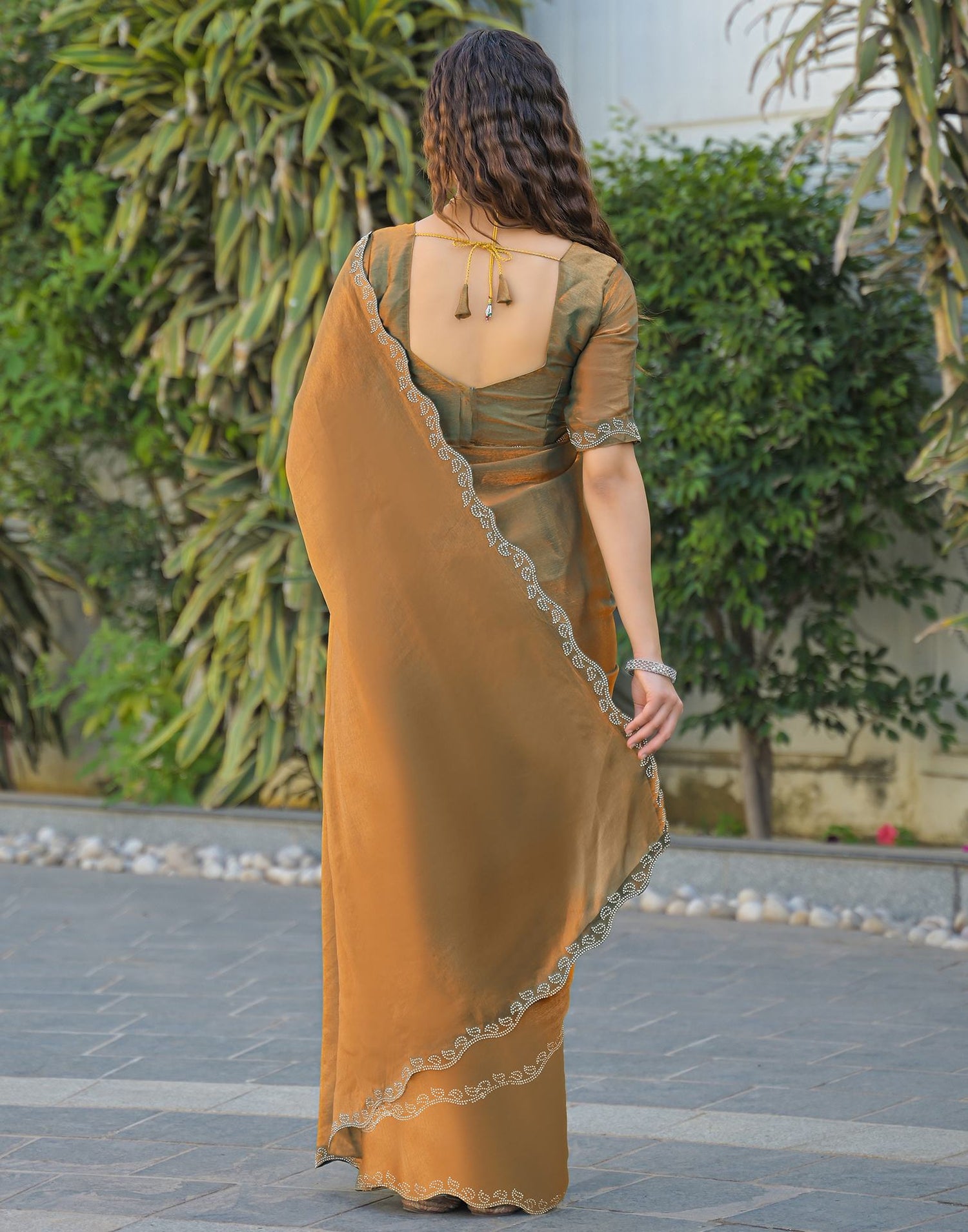 Khaki Shimmer Stone Work Embellished Saree