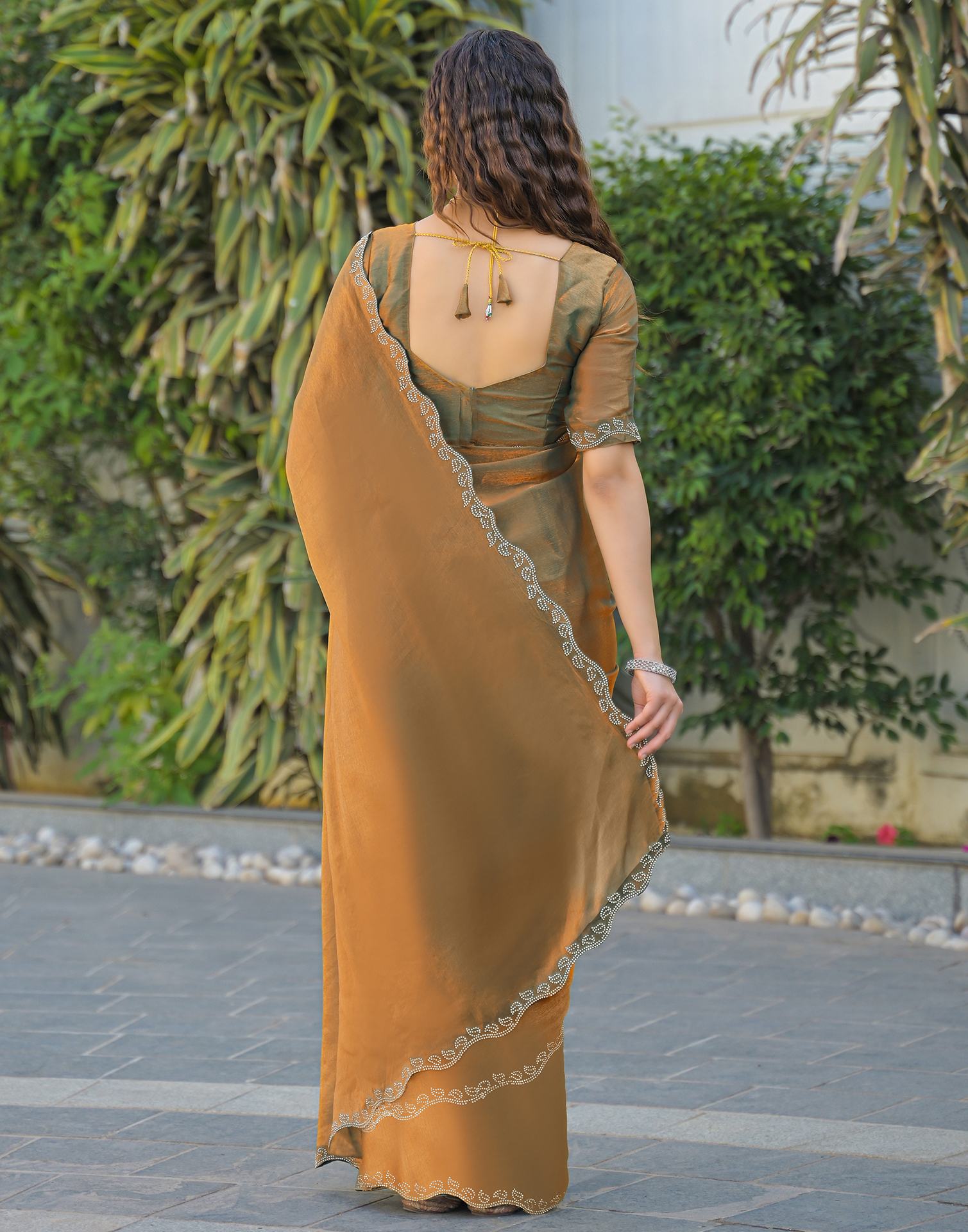 Khaki Shimmer Stone Work Embellished Saree