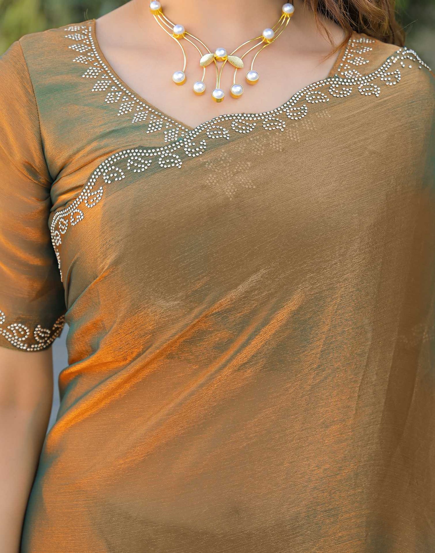 Khaki Shimmer Stone Work Embellished Saree