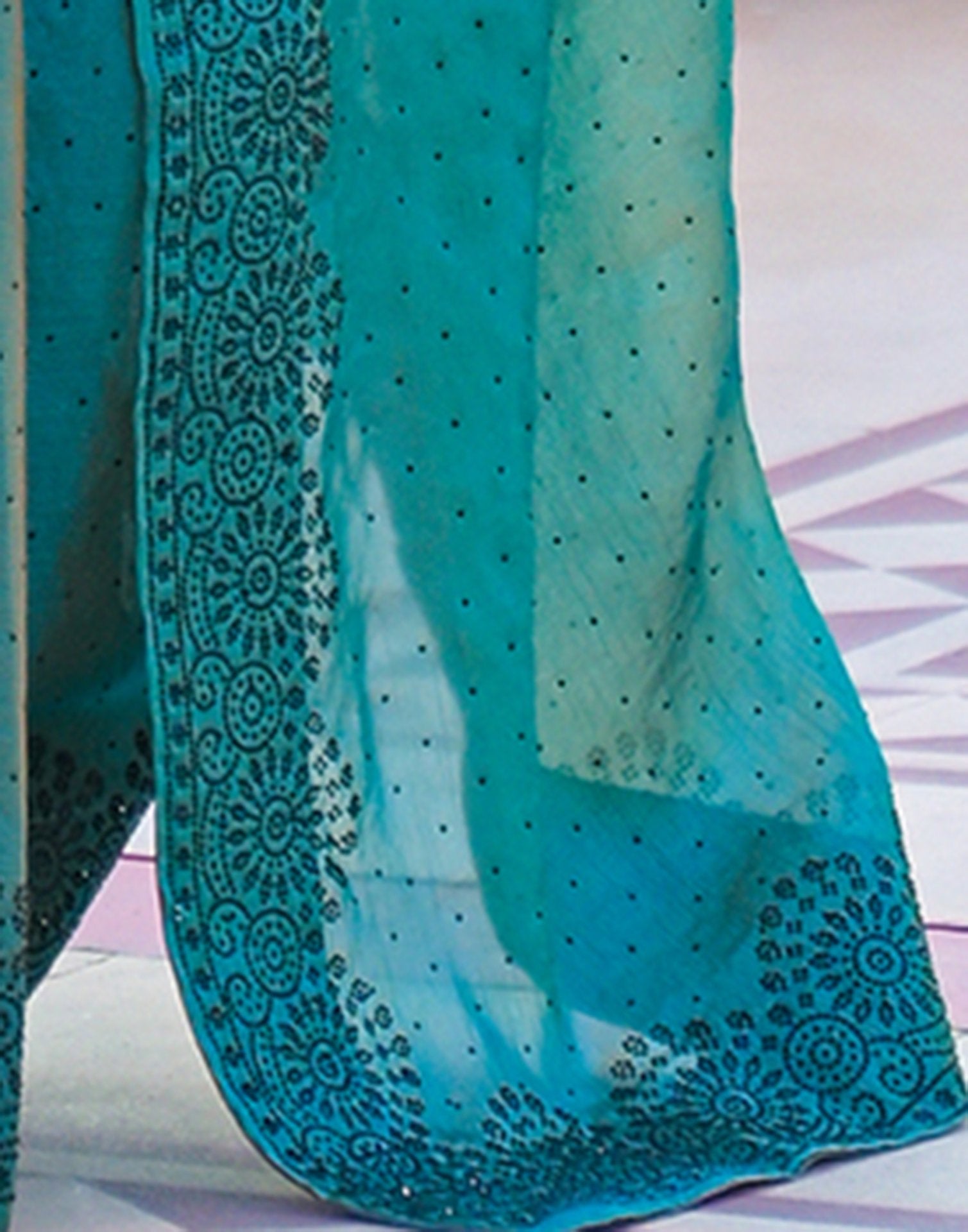 Teal Blue Shimmer Stone Work Swarovski  Saree