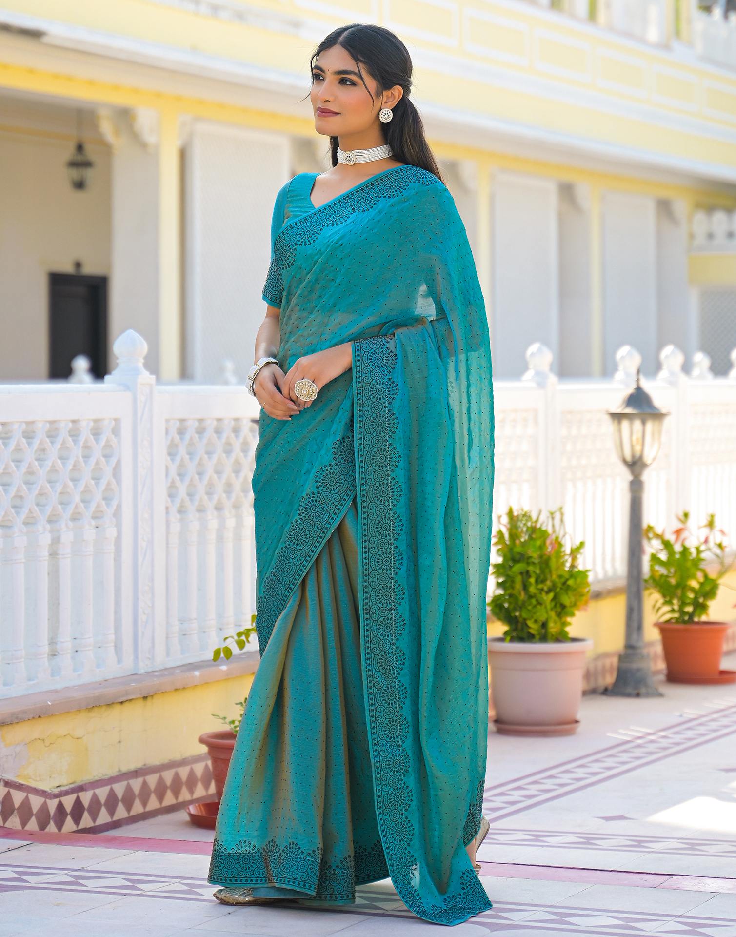 Teal Blue Shimmer Stone Work Swarovski  Saree