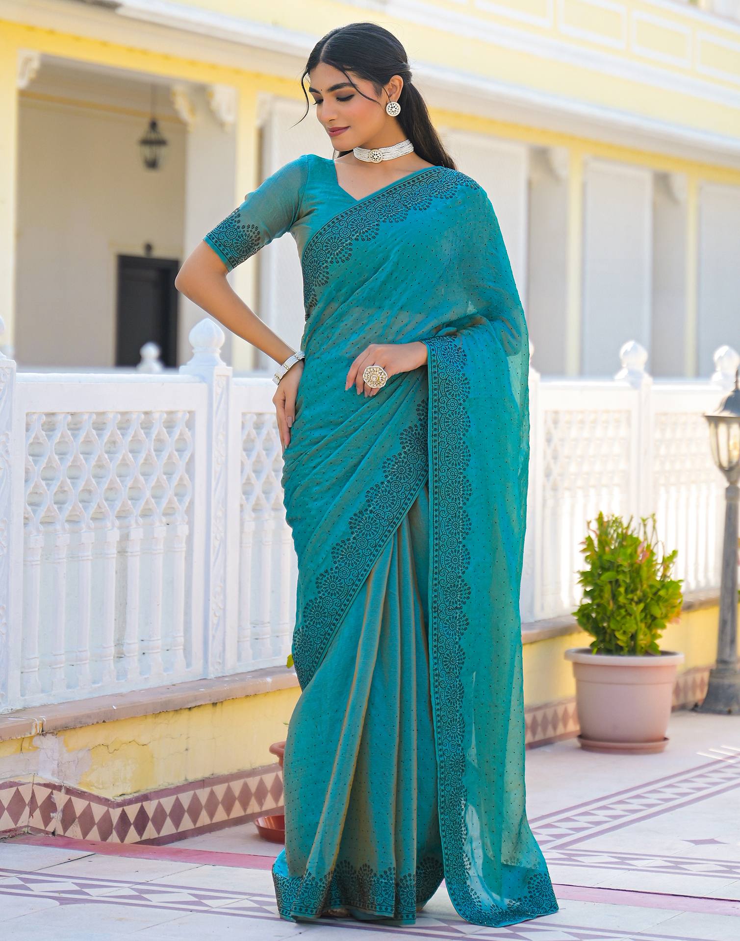 Teal Blue Shimmer Stone Work Swarovski  Saree