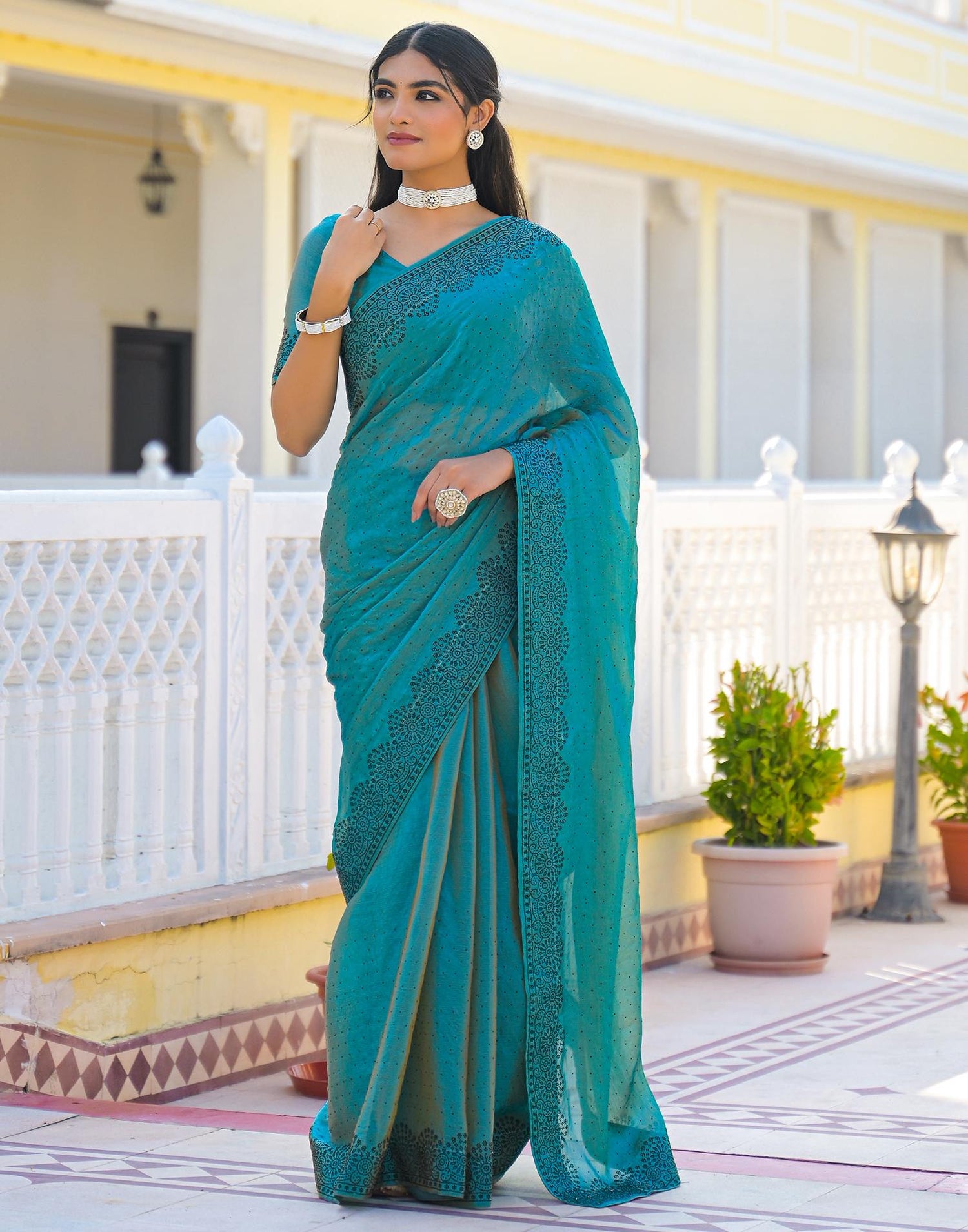 Teal Blue Shimmer Stone Work Swarovski  Saree