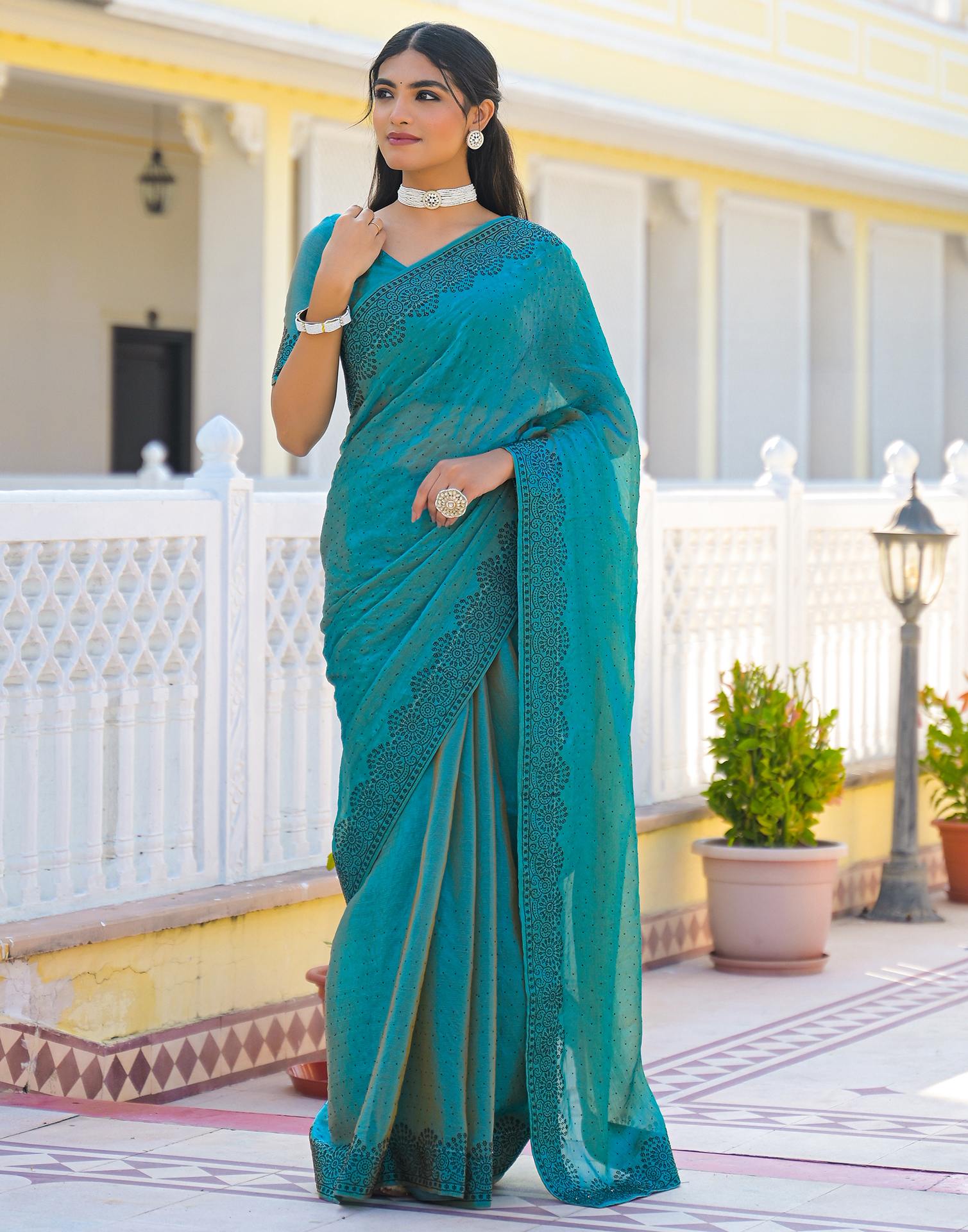 Teal Blue Shimmer Stone Work Swarovski  Saree