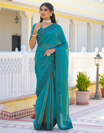 Teal Blue Shimmer Stone Work Swarovski  Saree