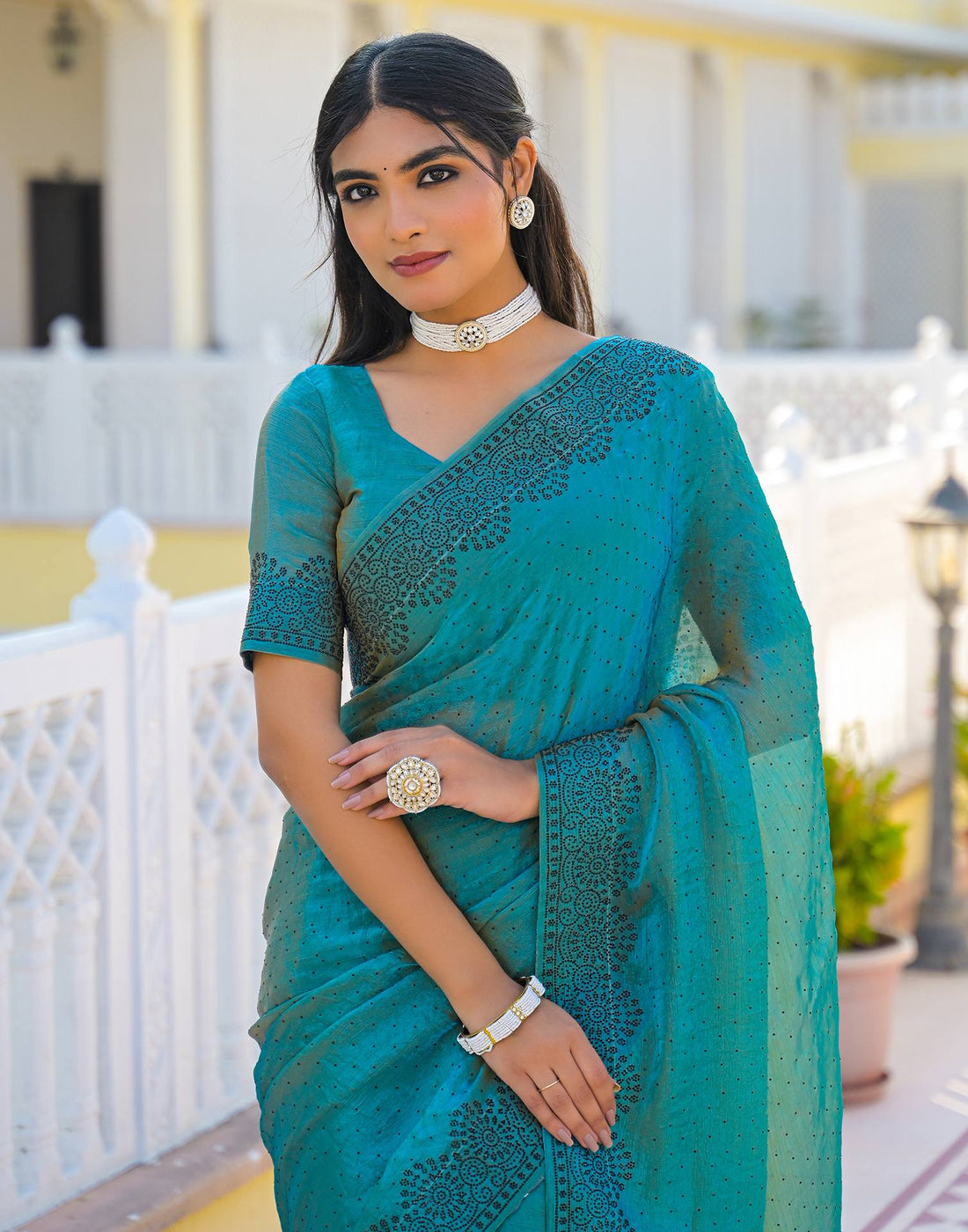 Teal Blue Shimmer Stone Work Swarovski  Saree