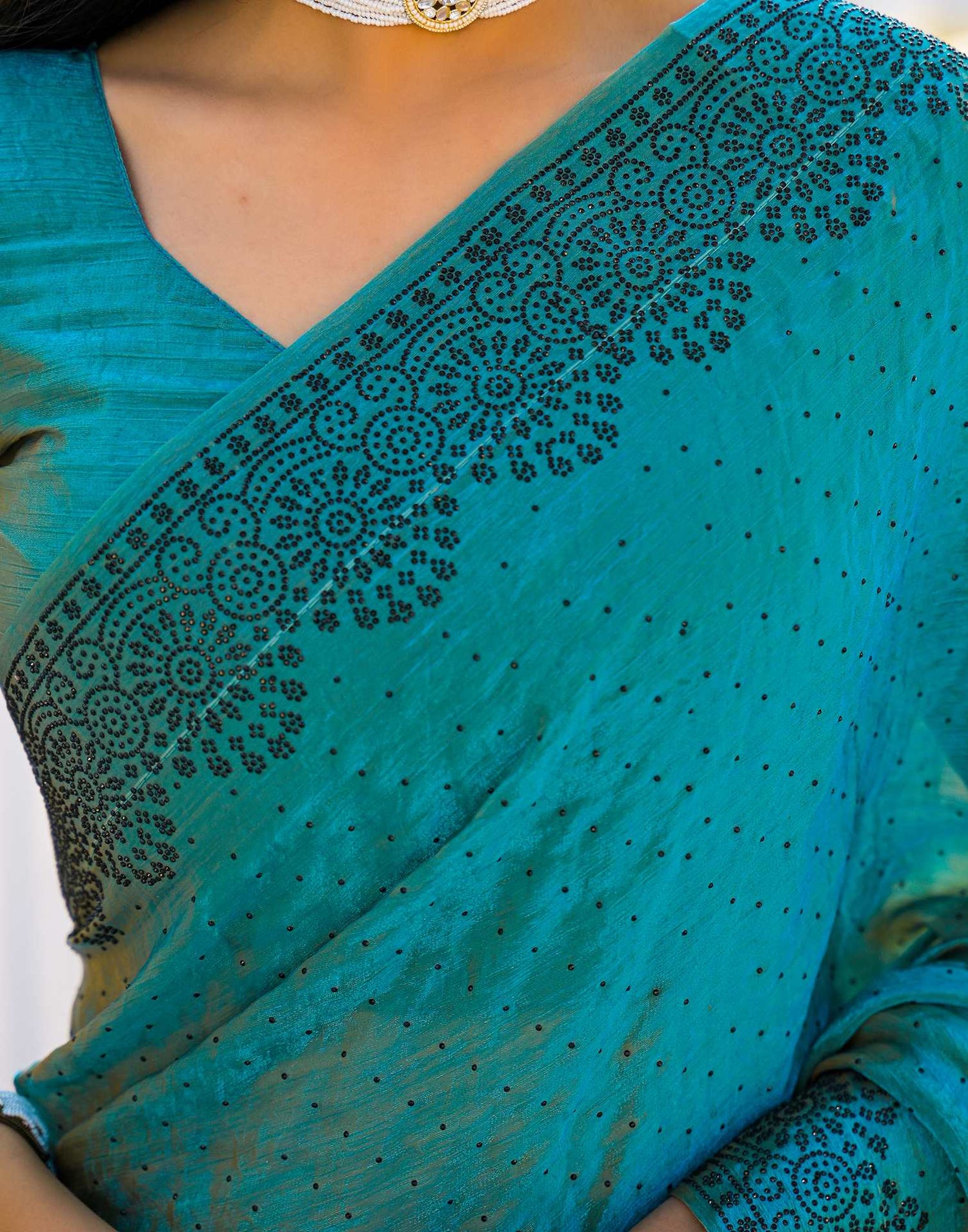 Teal Blue Shimmer Stone Work Swarovski  Saree