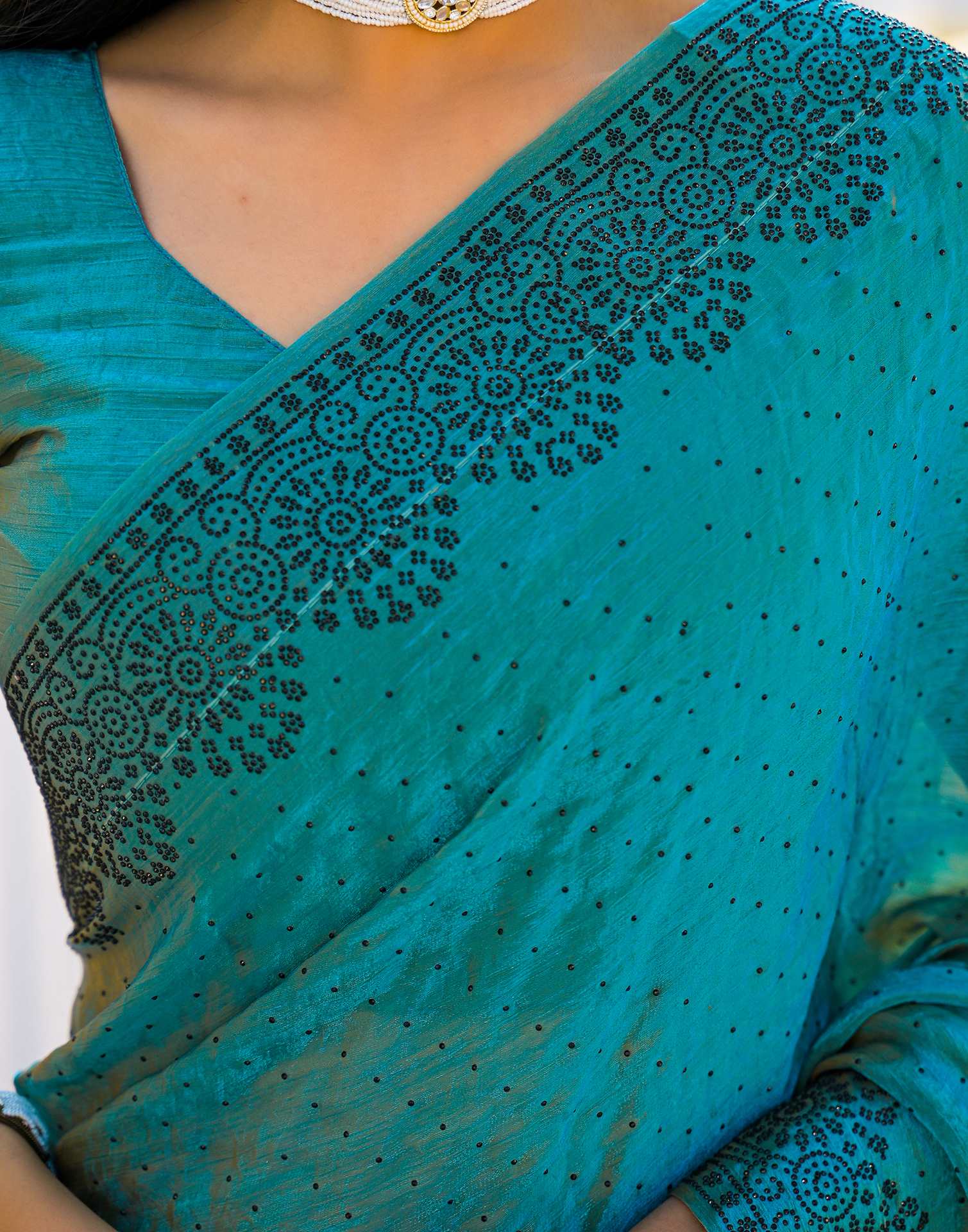 Teal Blue Shimmer Stone Work Swarovski  Saree