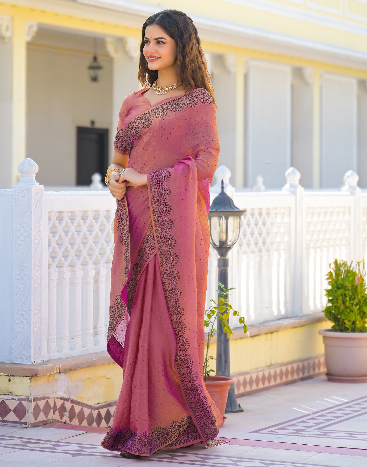 Pink Shimmer Stone Work Swarovski  Saree