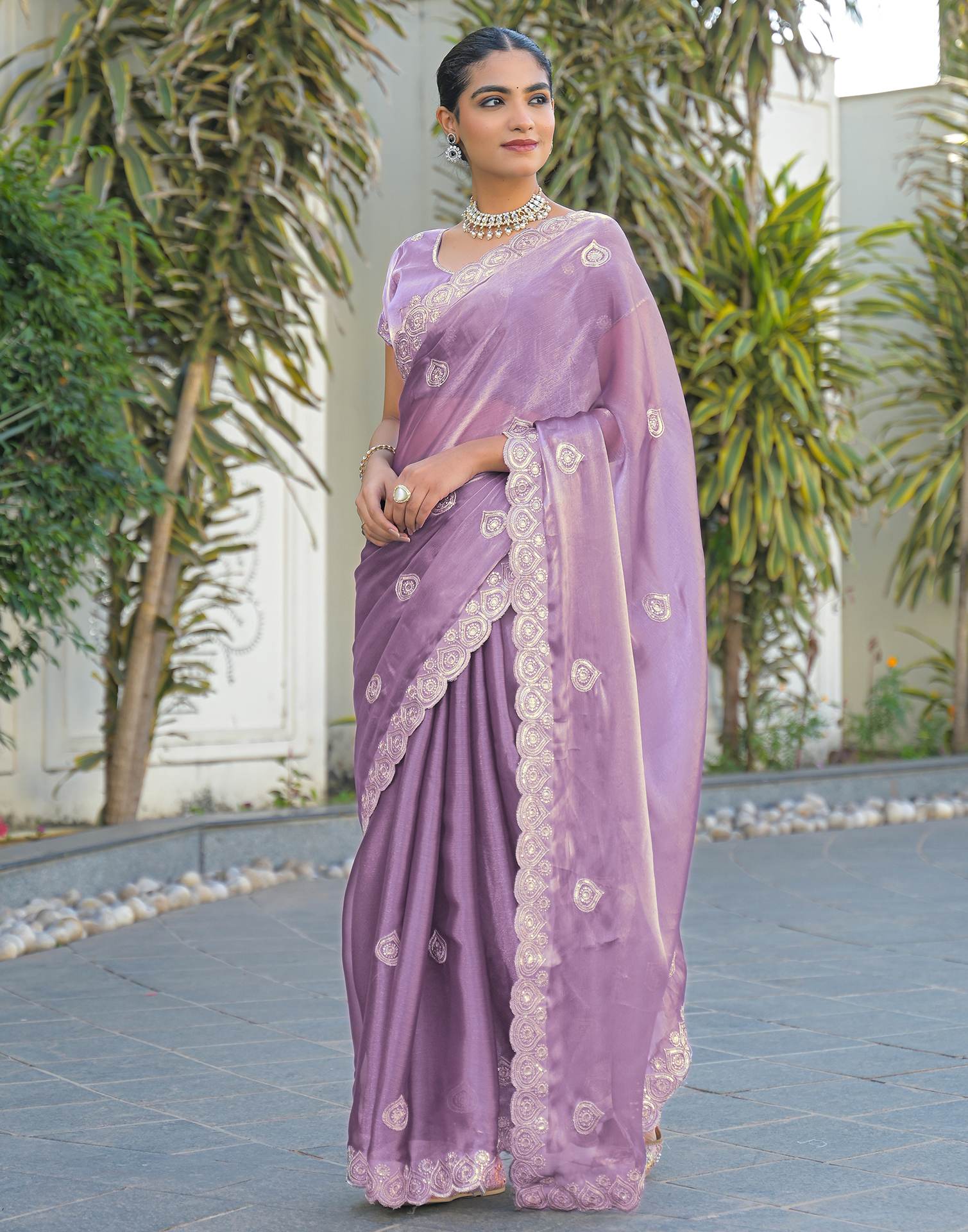 Lavender Shimmer Sequence Embroidery Saree