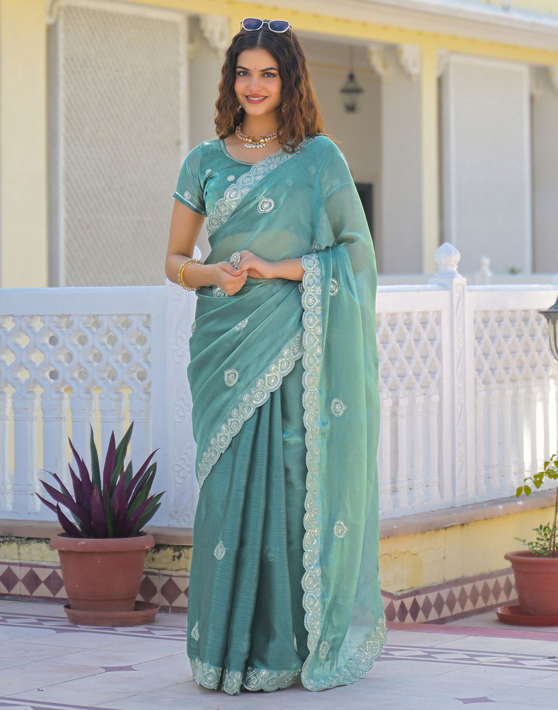 Light Teal Blue Shimmer Sequence Embroidery Saree