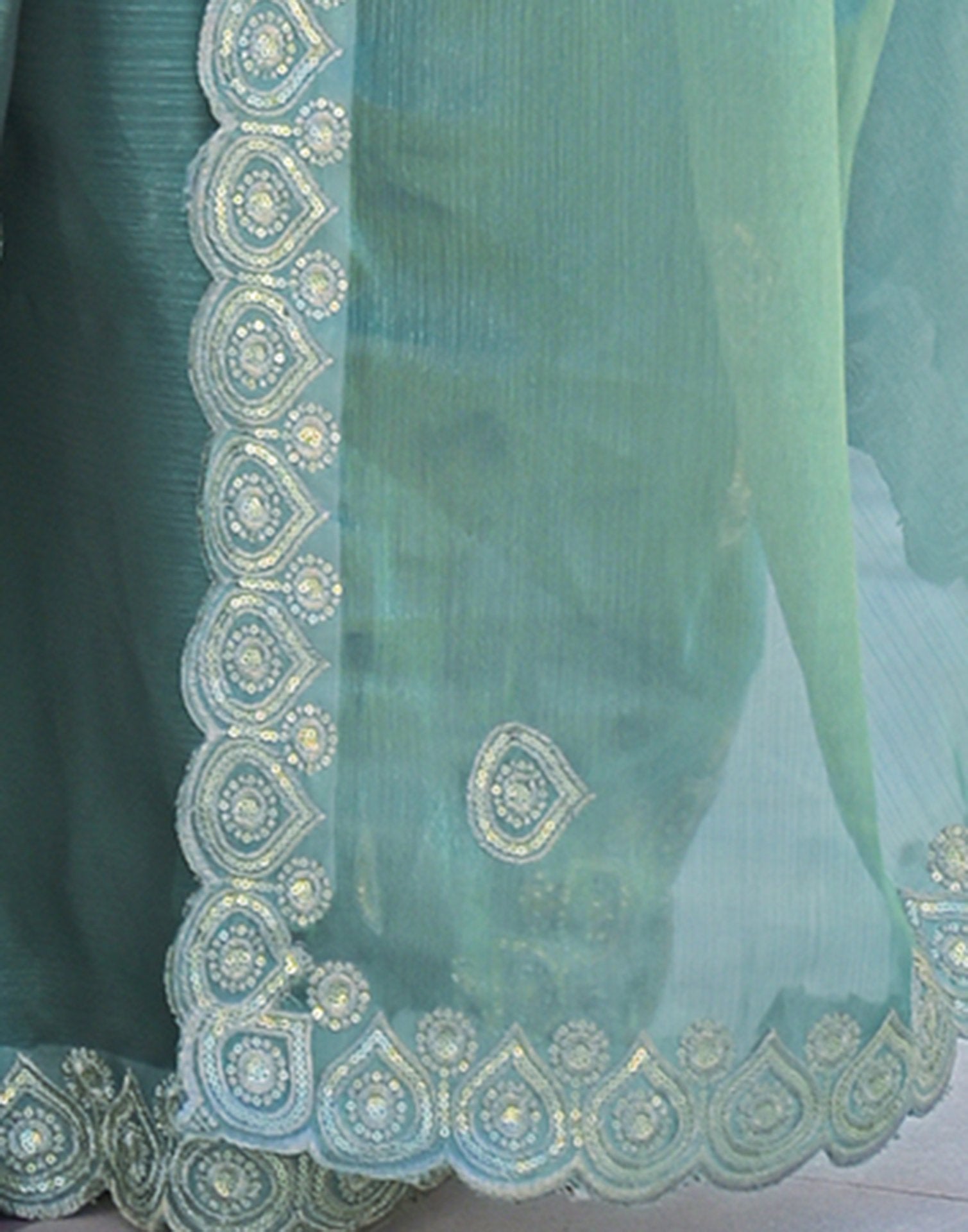 Light Teal Blue Shimmer Sequence Embroidery Saree
