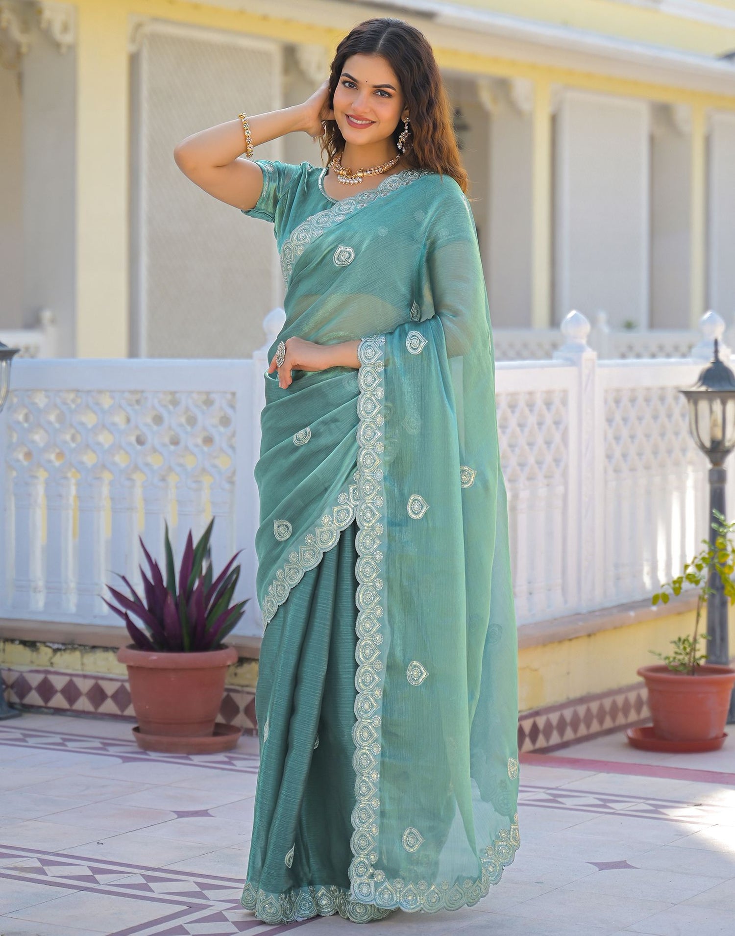 Light Teal Blue Shimmer Sequence Embroidery Saree