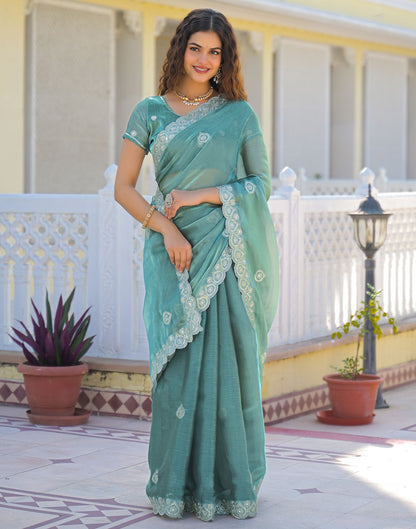 Light Teal Blue Shimmer Sequence Embroidery Saree