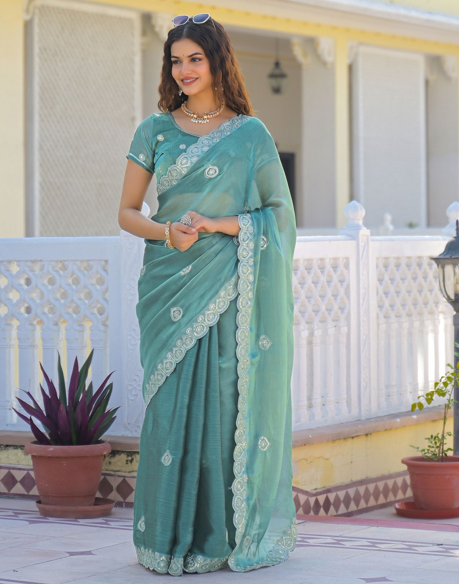 Light Teal Blue Shimmer Sequence Embroidery Saree