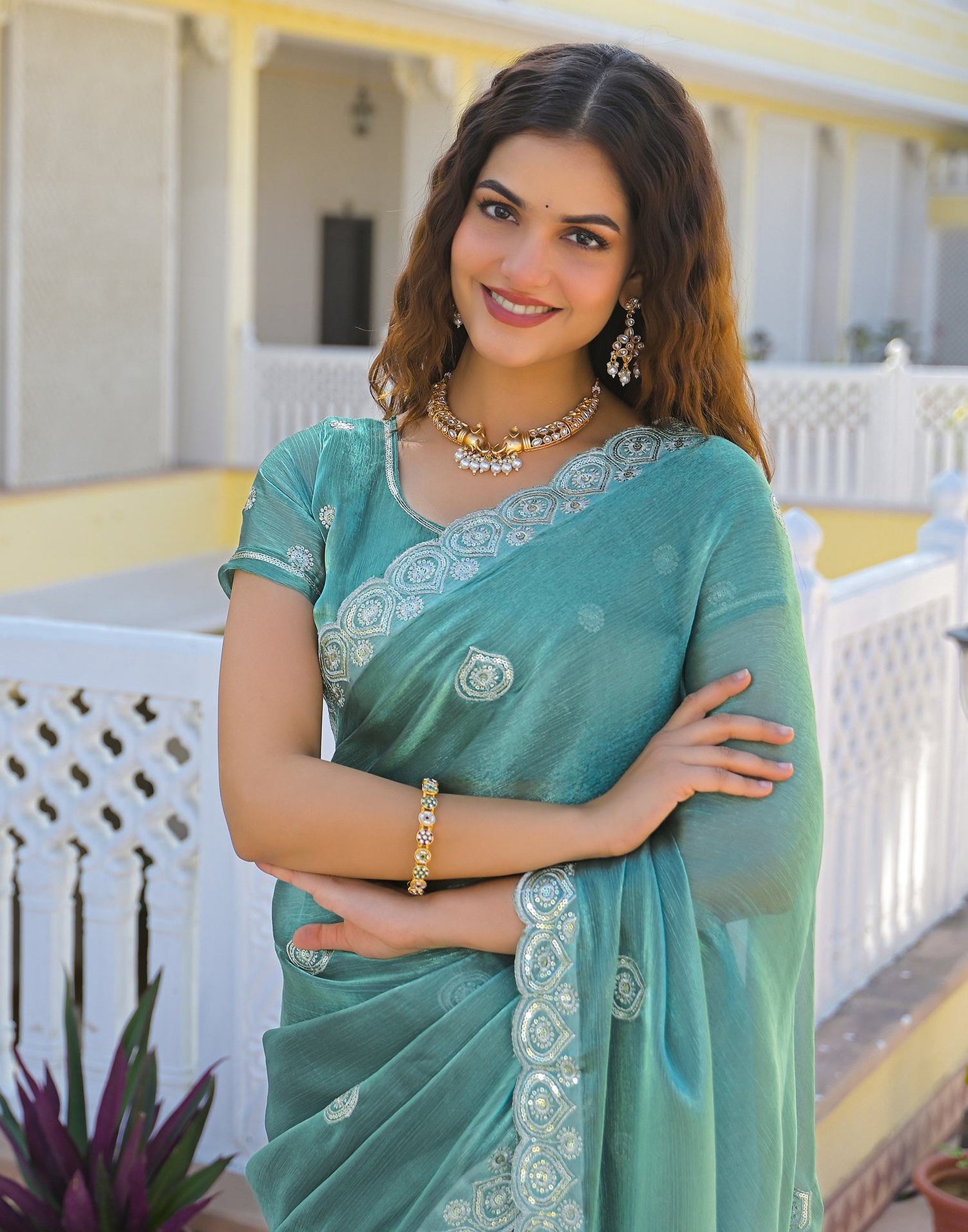 Light Teal Blue Shimmer Sequence Embroidery Saree