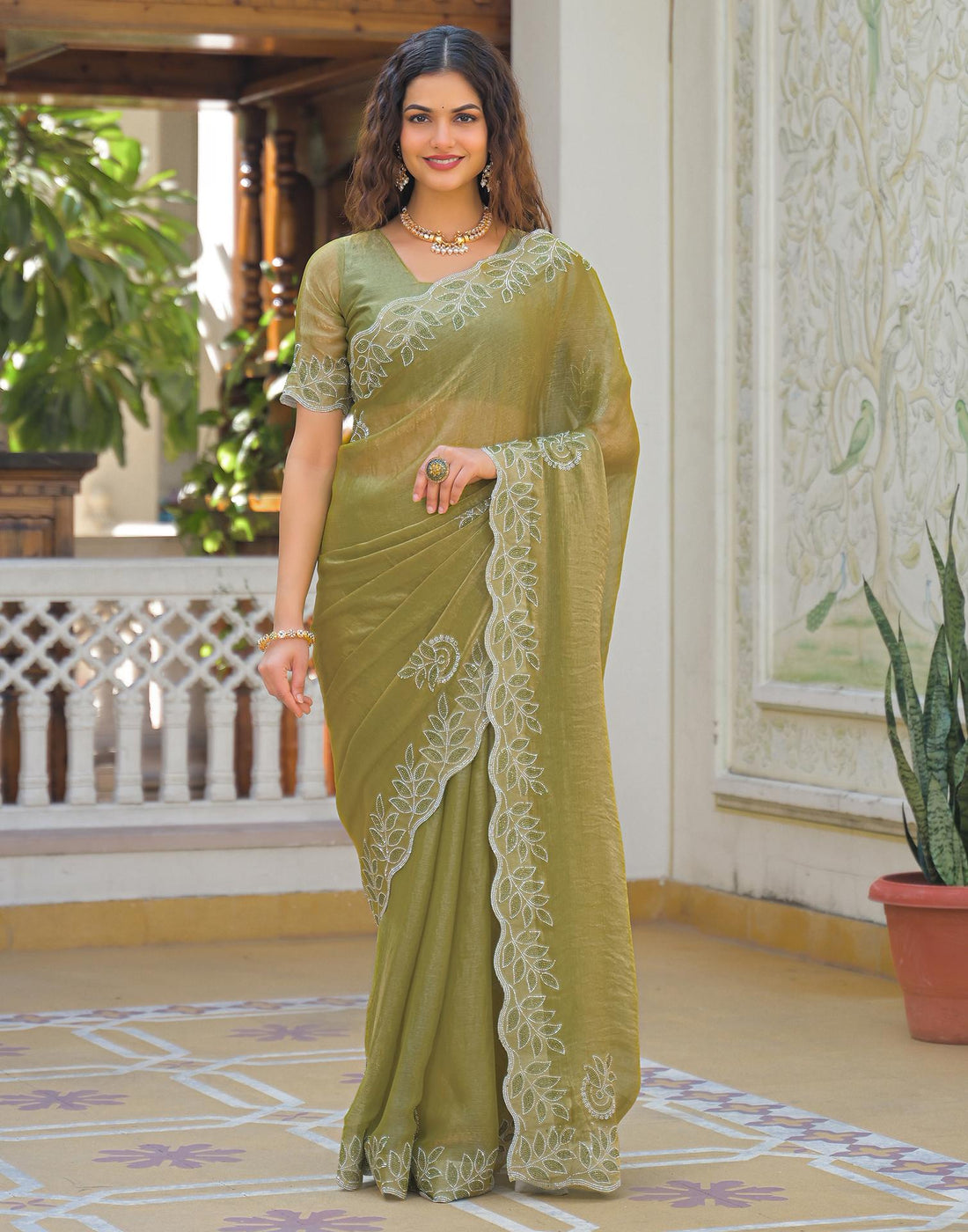 Lime Green Shimmer Stone Work Embellished Saree