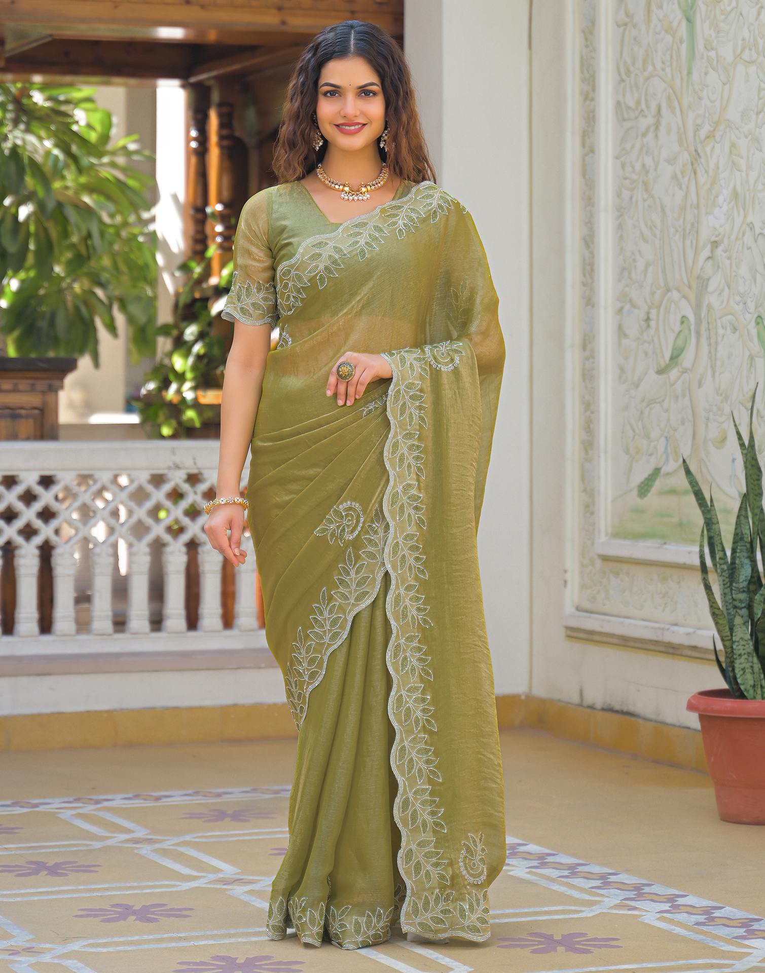 Lime Green Shimmer Stone Work Embellished Saree