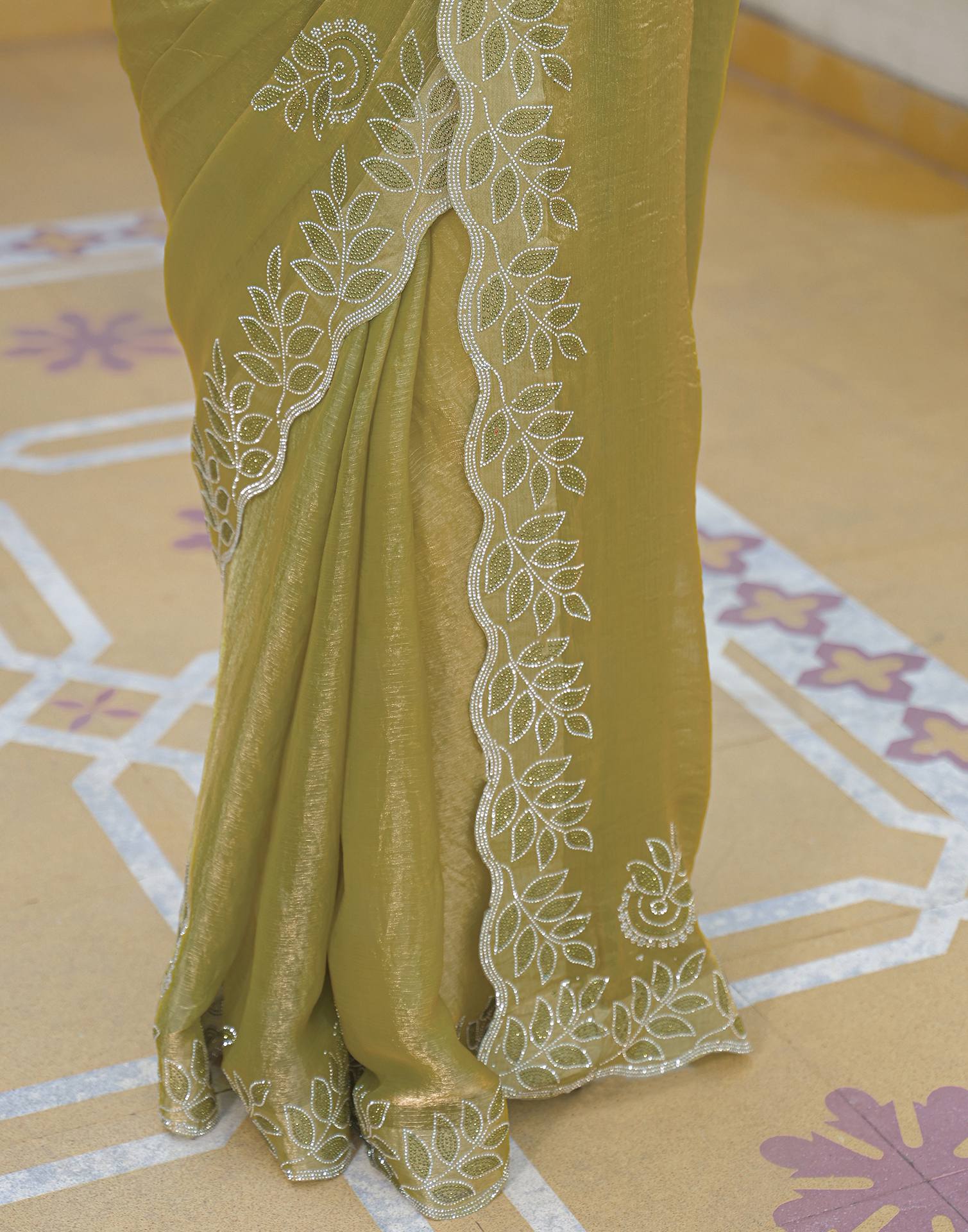 Lime Green Shimmer Stone Work Embellished Saree