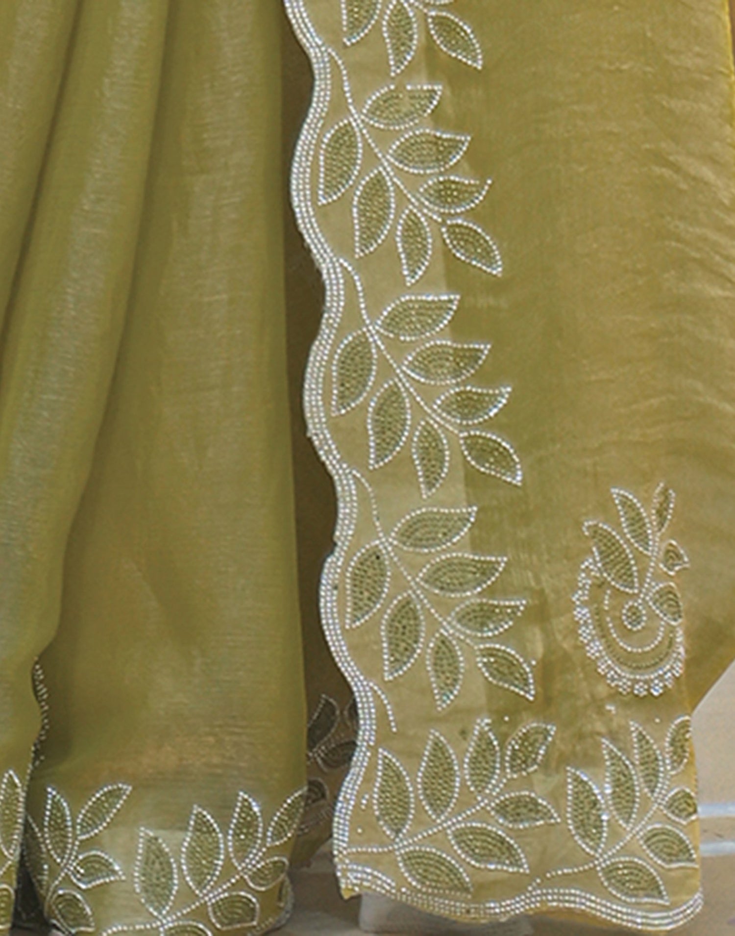 Lime Green Shimmer Stone Work Embellished Saree
