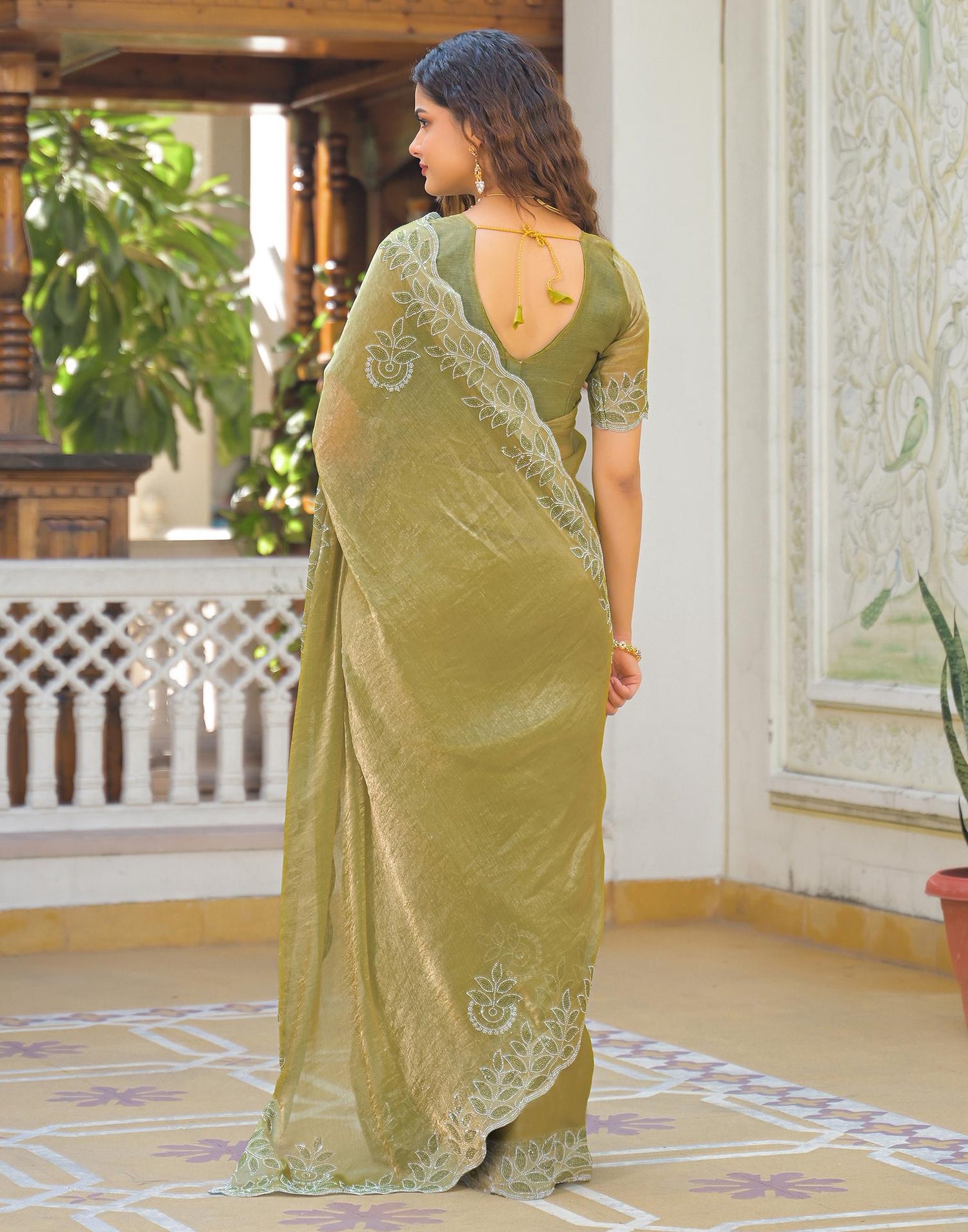 Lime Green Shimmer Stone Work Embellished Saree