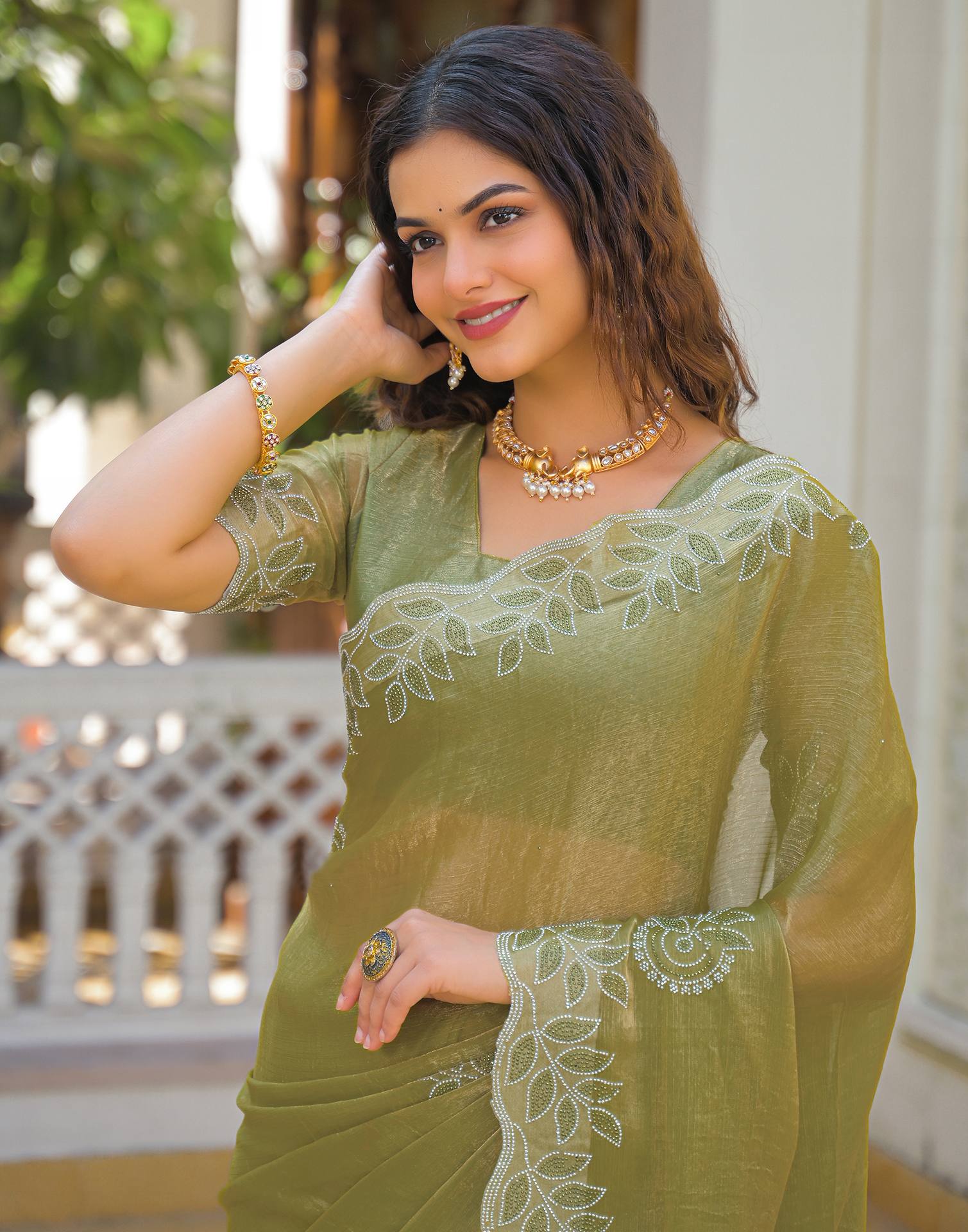 Lime Green Shimmer Stone Work Embellished Saree
