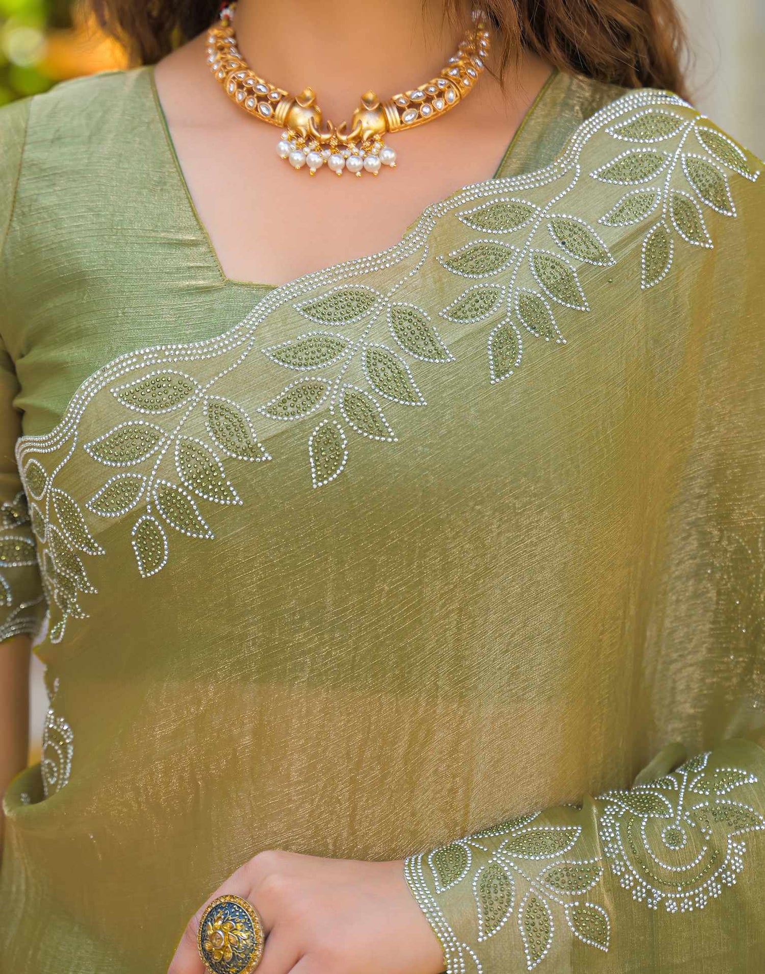 Lime Green Shimmer Stone Work Embellished Saree