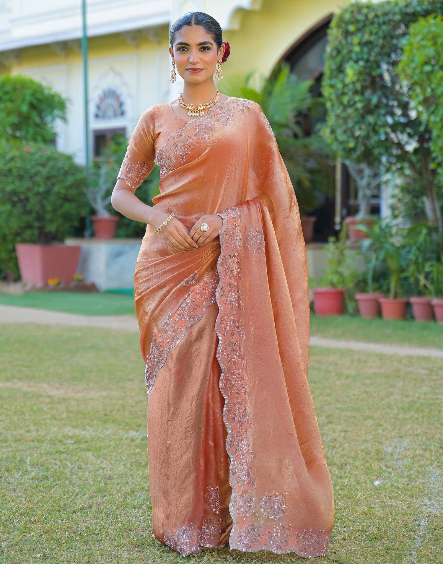 Peach Shimmer Stone Work Embellished Saree
