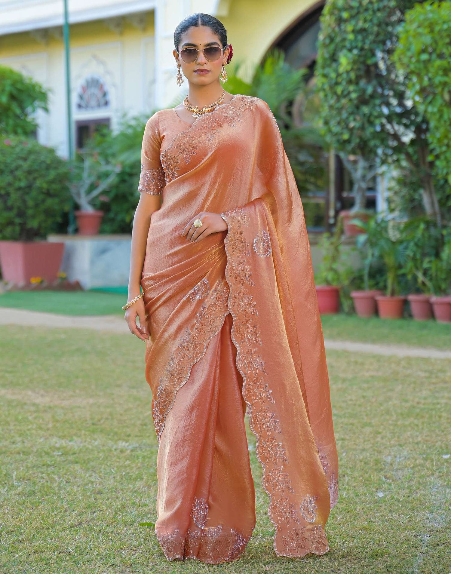 Peach Shimmer Stone Work Embellished Saree