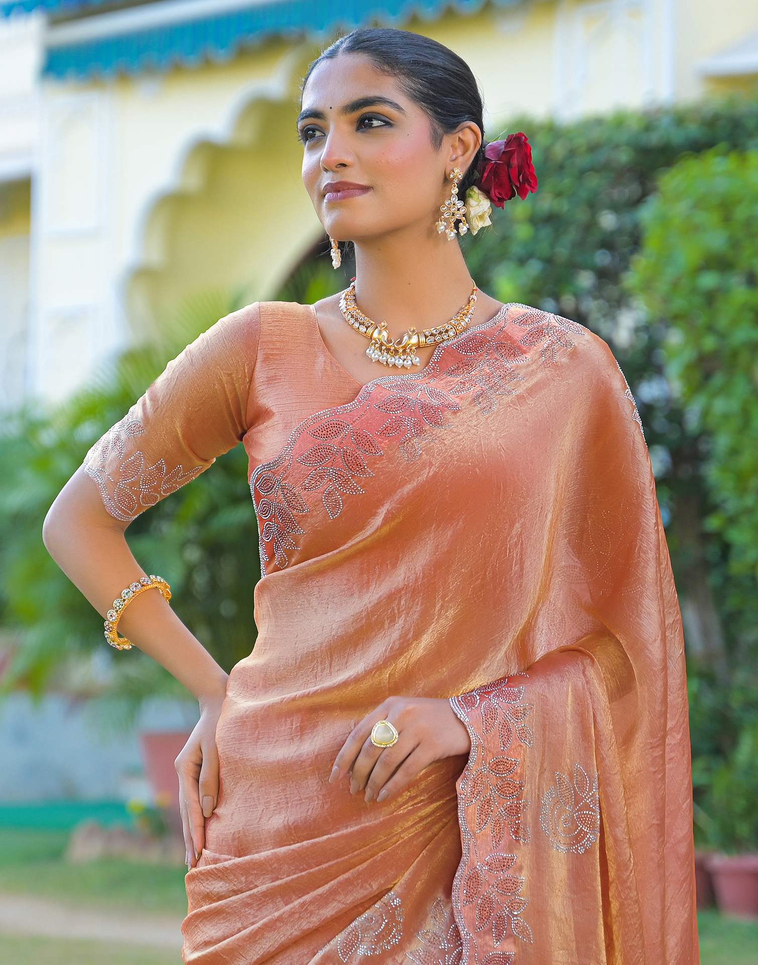 Peach Shimmer Stone Work Embellished Saree