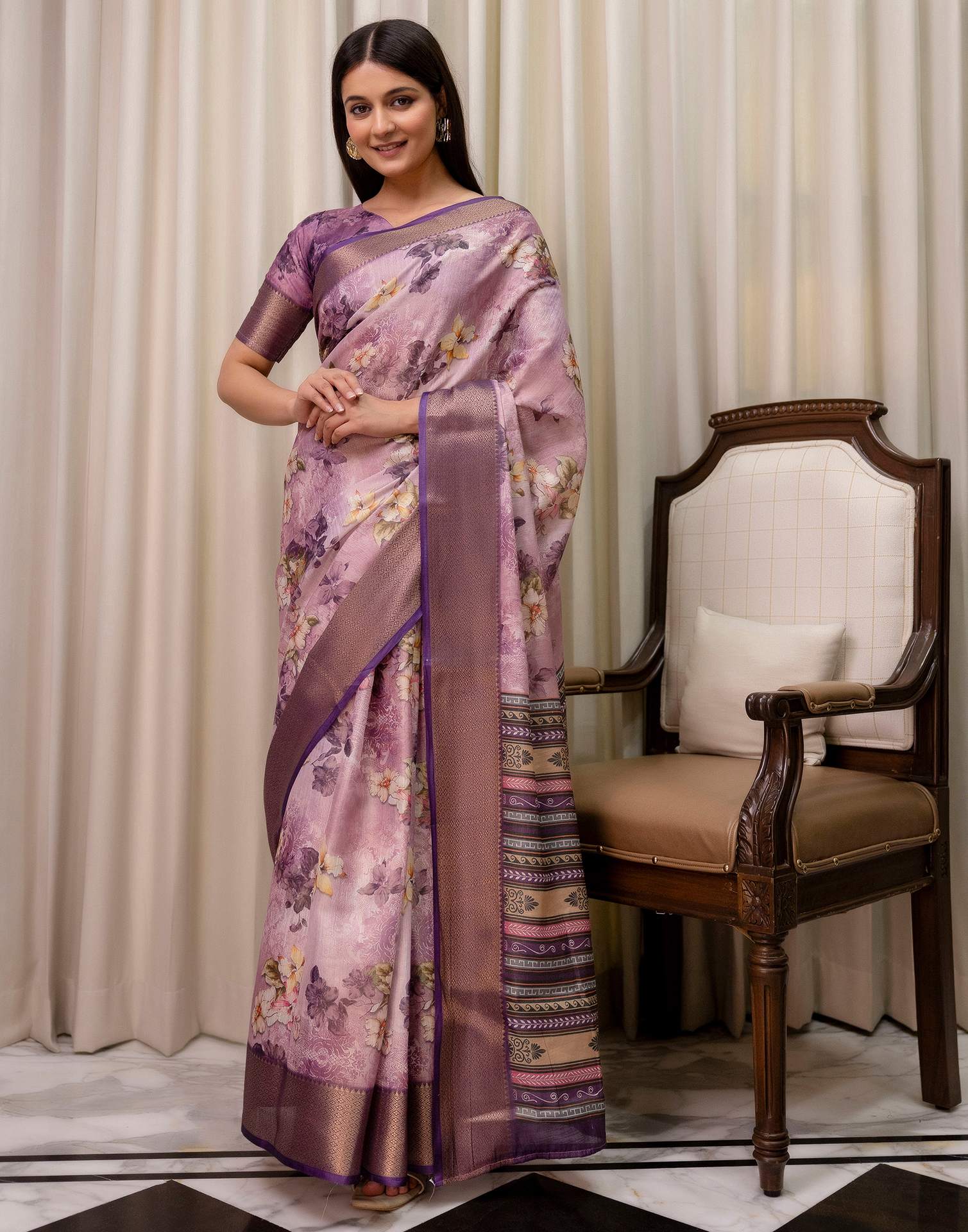 Mauve Cotton Silk Floral Printed Saree