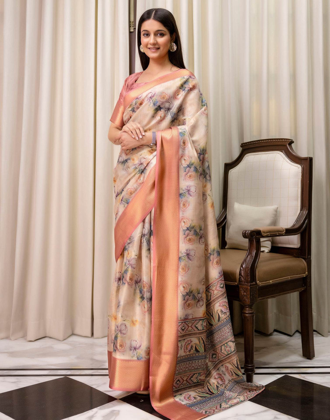 Beige Cotton Silk Floral Printed Saree