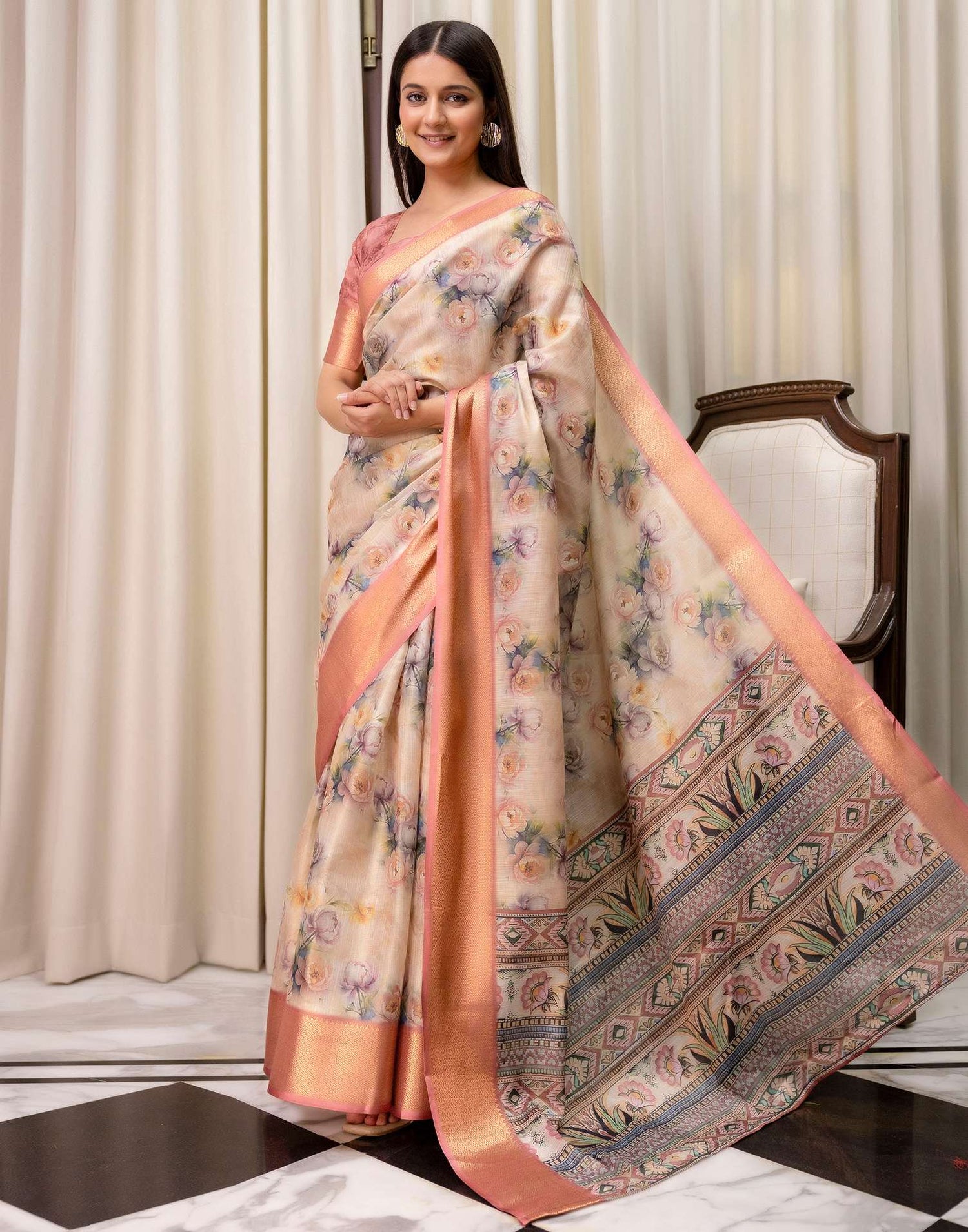 Beige Cotton Silk Floral Printed Saree