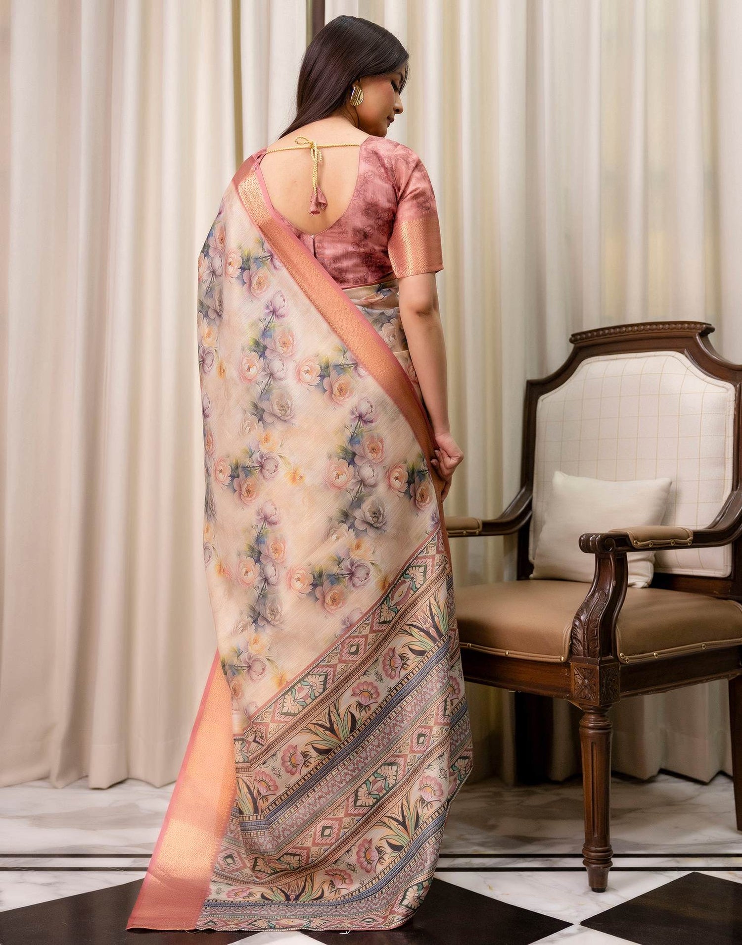 Beige Cotton Silk Floral Printed Saree