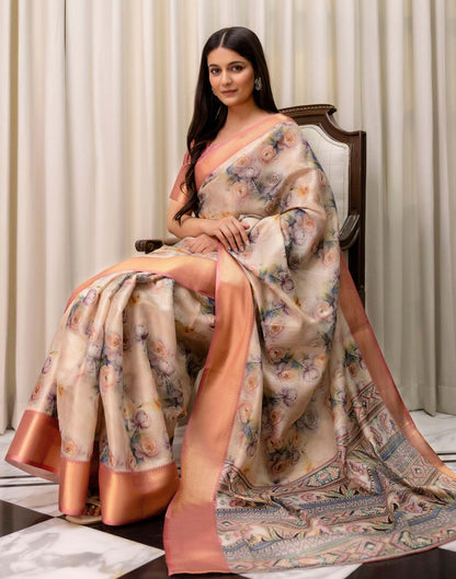 Beige Cotton Silk Floral Printed Saree
