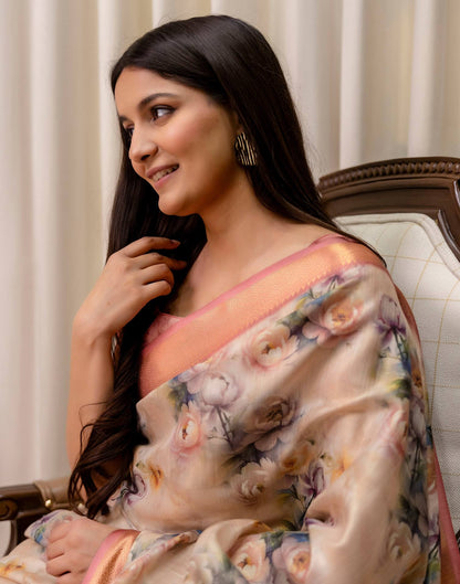Beige Cotton Silk Floral Printed Saree