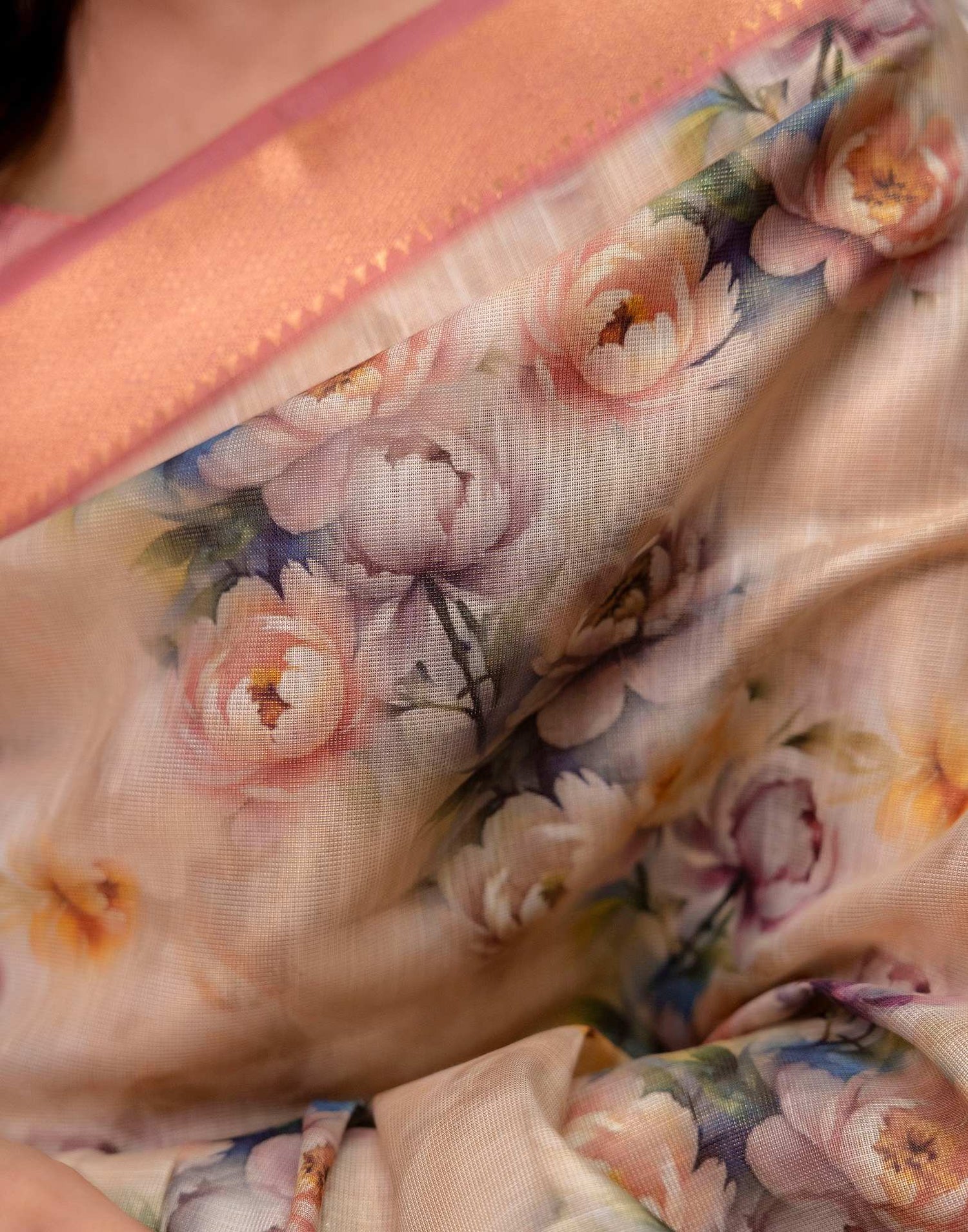 Beige Cotton Silk Floral Printed Saree