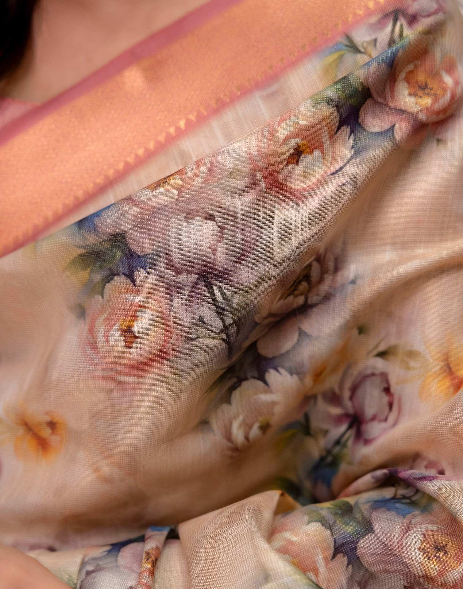 Beige Cotton Silk Floral Printed Saree