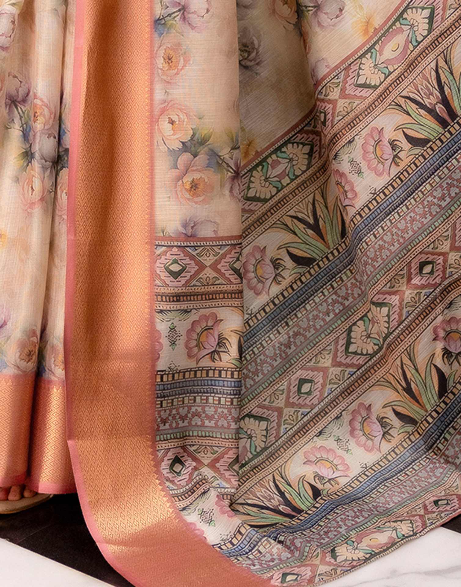 Beige Cotton Silk Floral Printed Saree