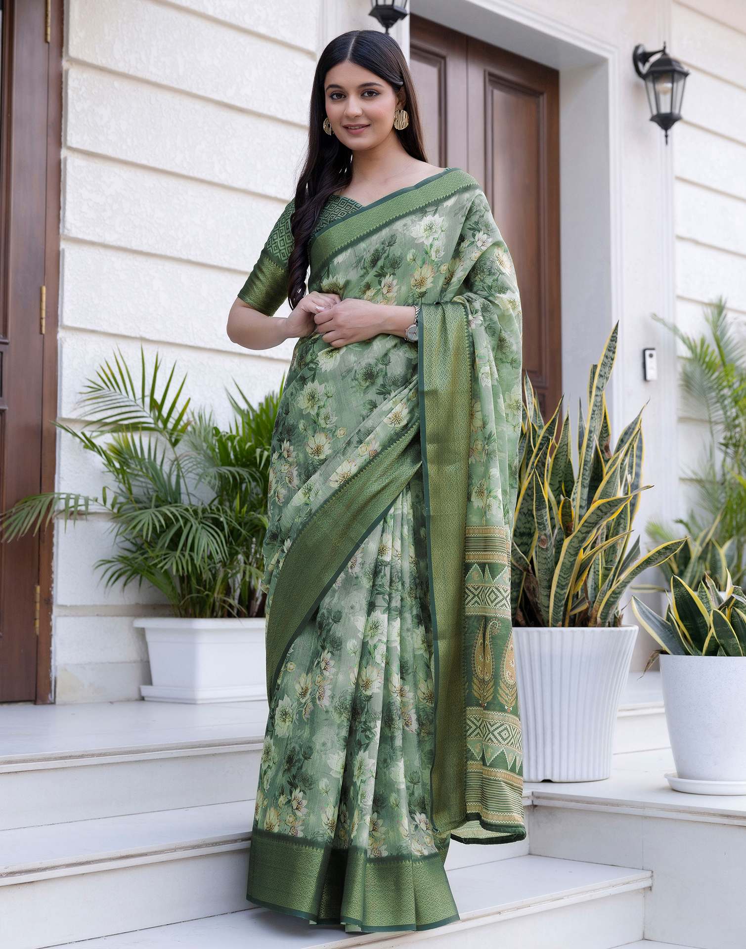 Dusty Green Cotton Silk Floral Printed Saree