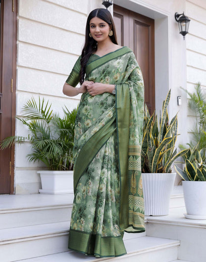 Dusty Green Cotton Silk Floral Printed Saree