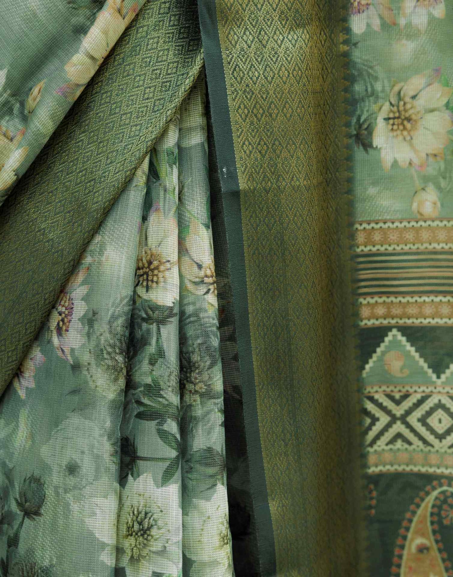 Dusty Green Cotton Silk Floral Printed Saree