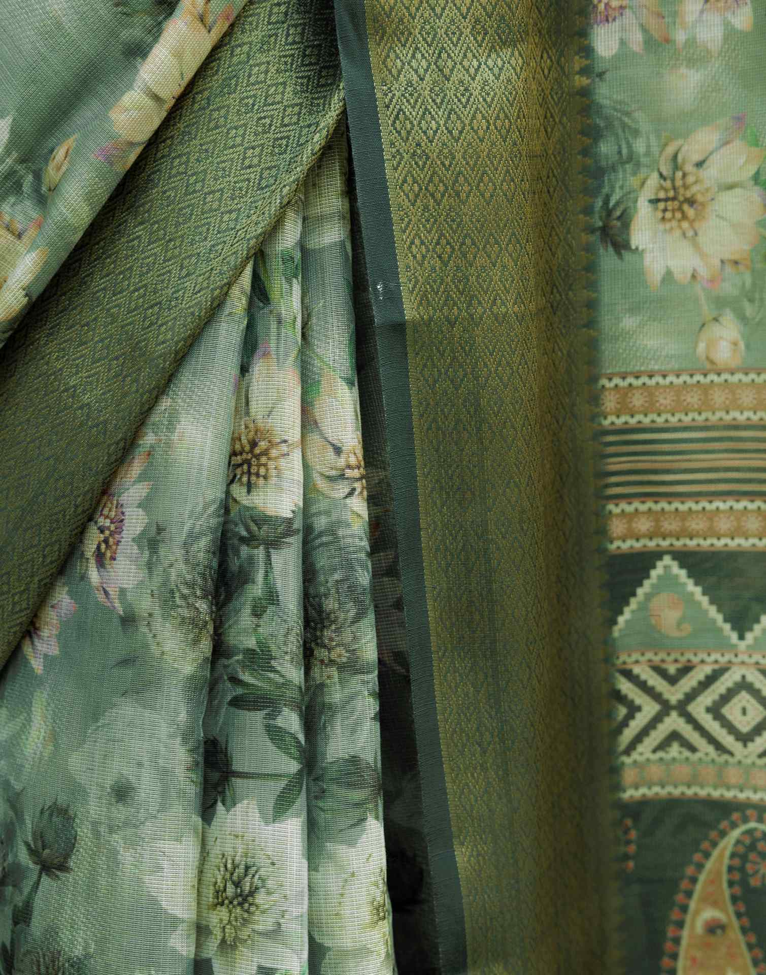 Dusty Green Cotton Silk Floral Printed Saree