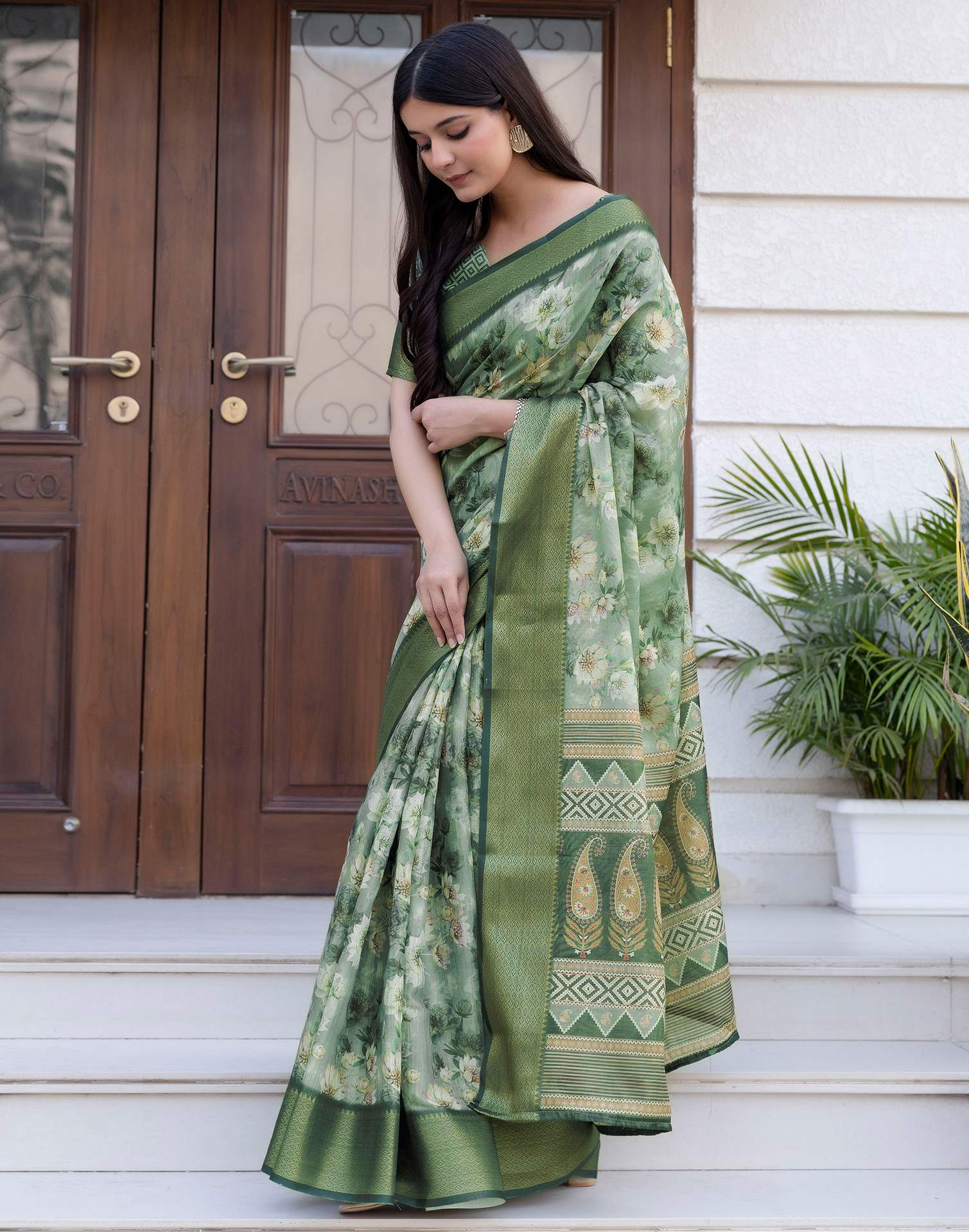 Dusty Green Cotton Silk Floral Printed Saree