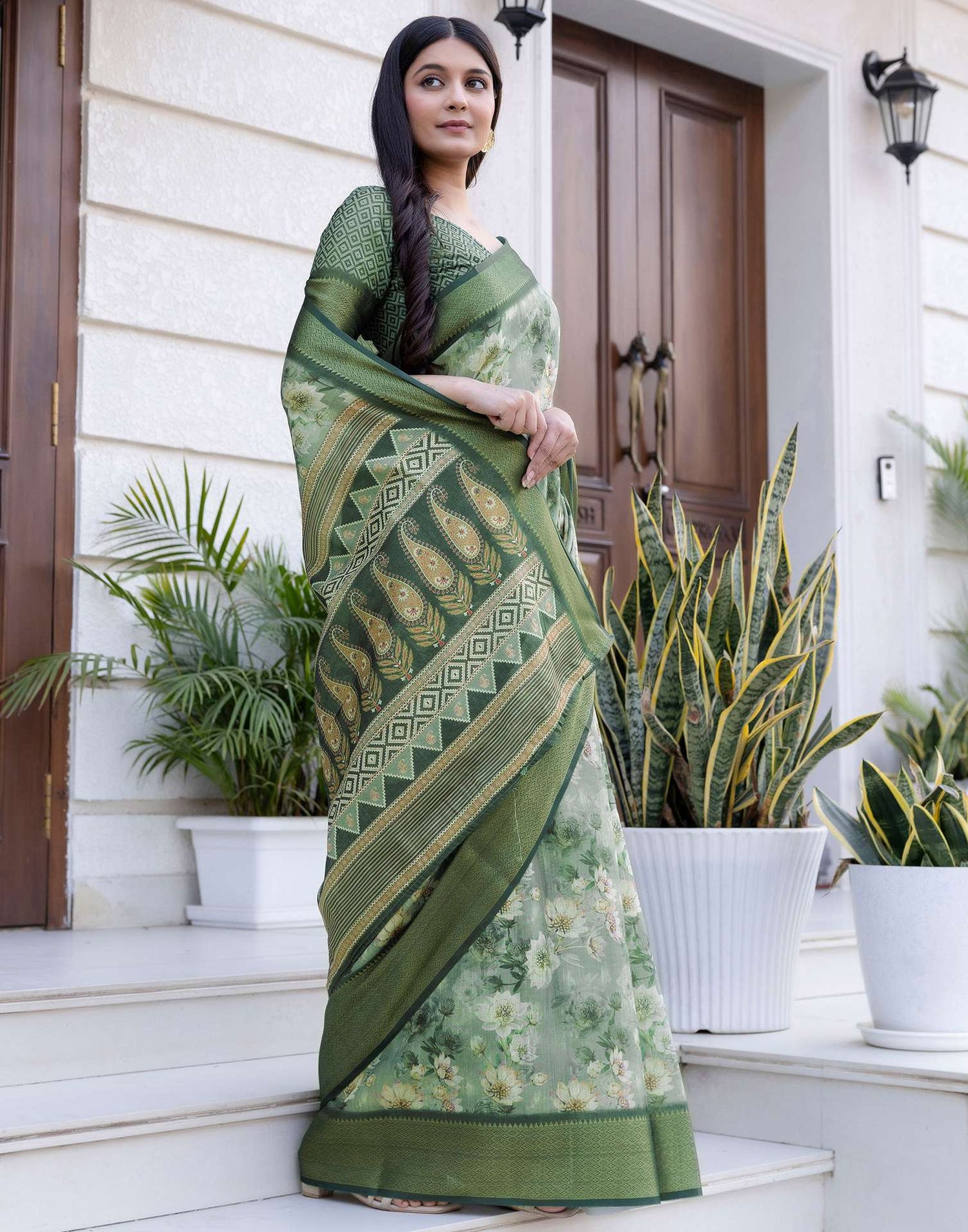 Dusty Green Cotton Silk Floral Printed Saree