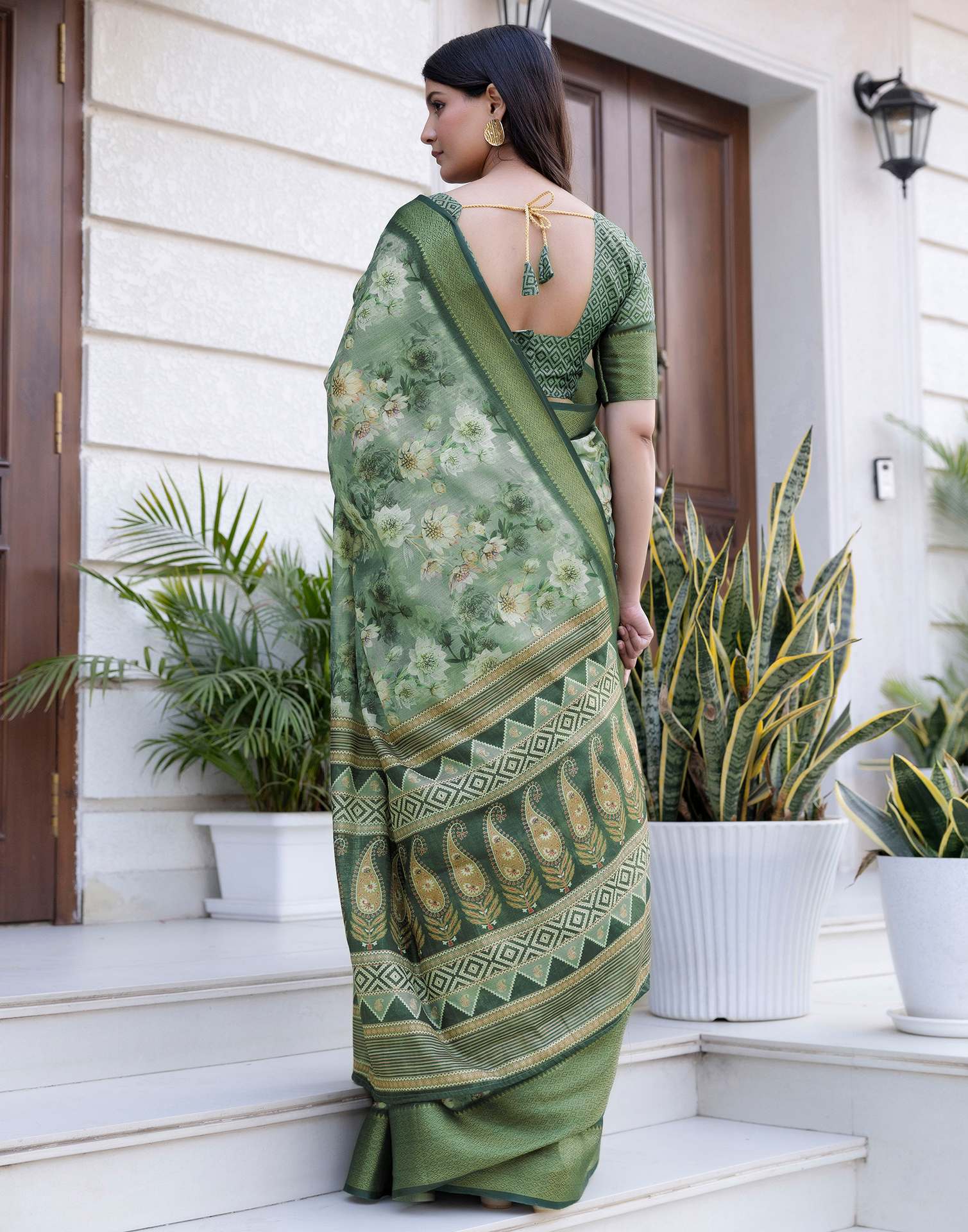 Dusty Green Cotton Silk Floral Printed Saree